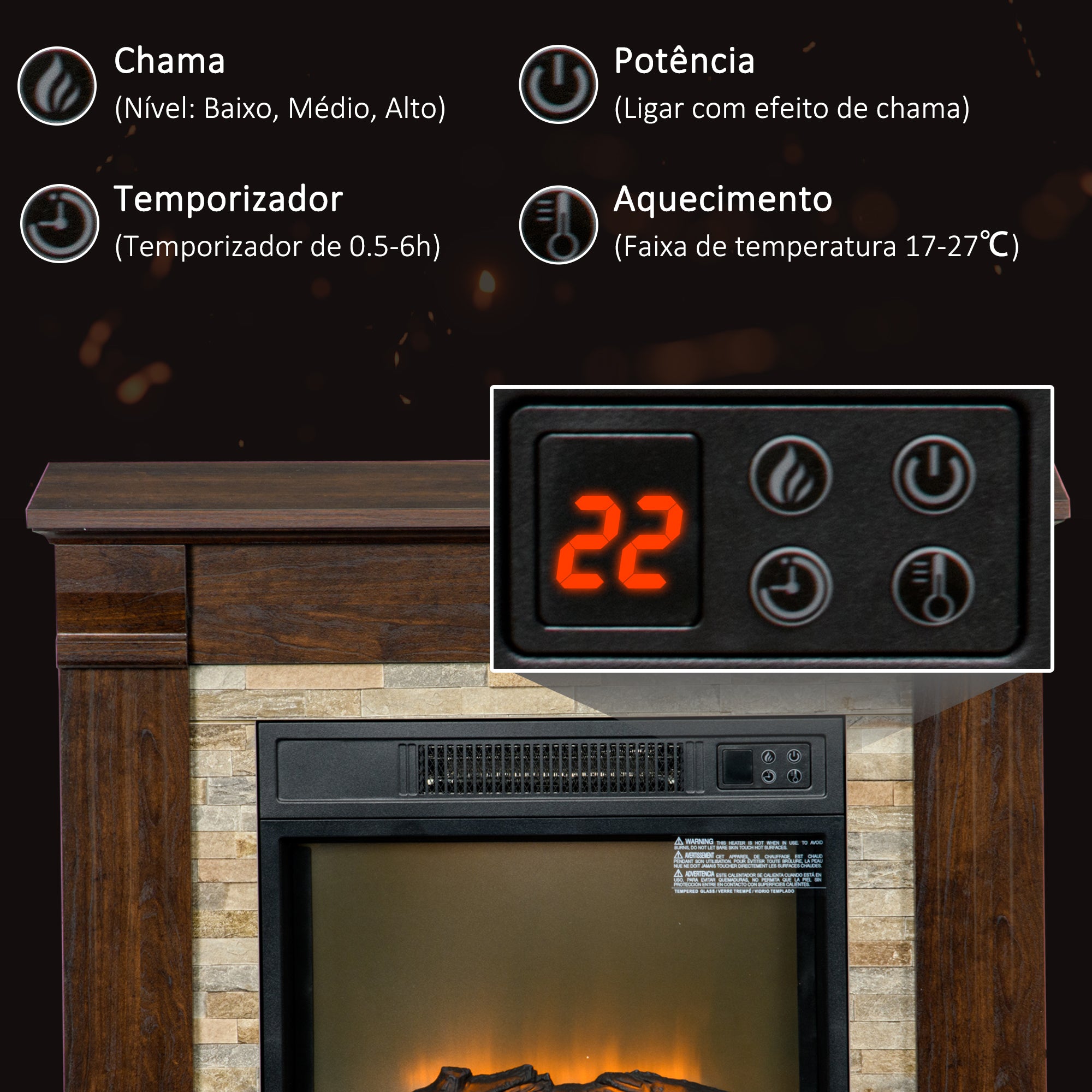 Lareira Elétrica 1800W Efeito de Chama 80x21,6x67,8 cm Marrom
