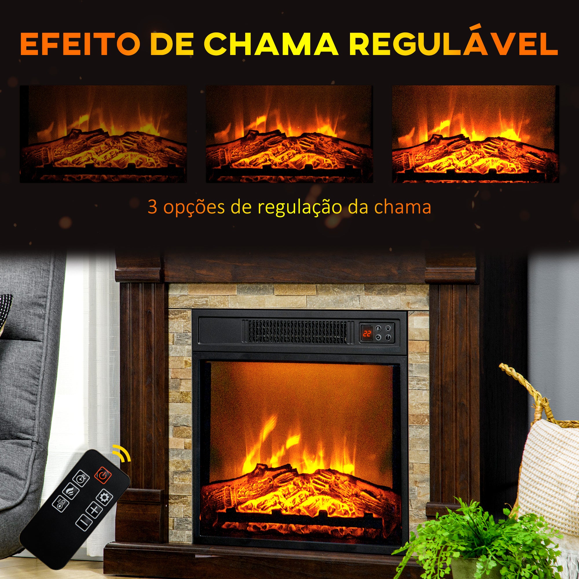 Lareira Elétrica 1800W Efeito de Chama 80x21,6x67,8 cm Marrom