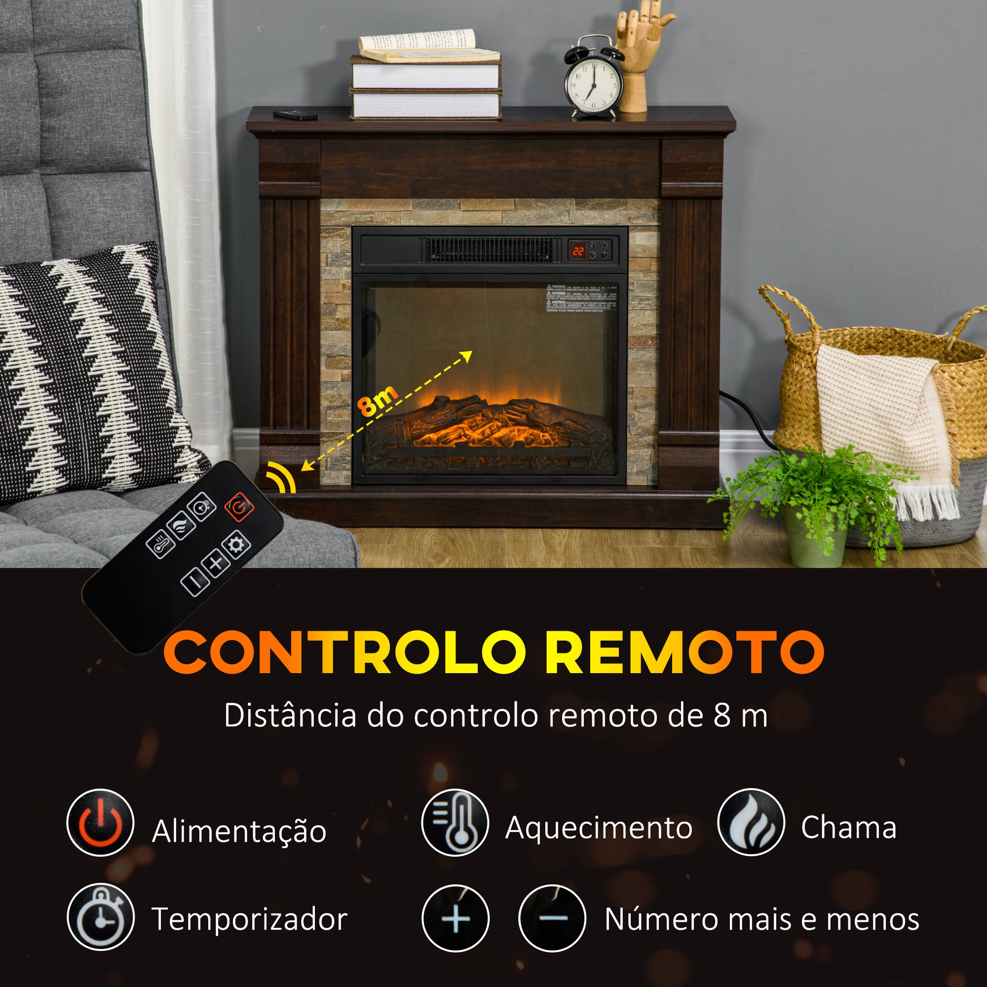 Lareira Elétrica 1800W Efeito de Chama 80x21,6x67,8 cm Marrom