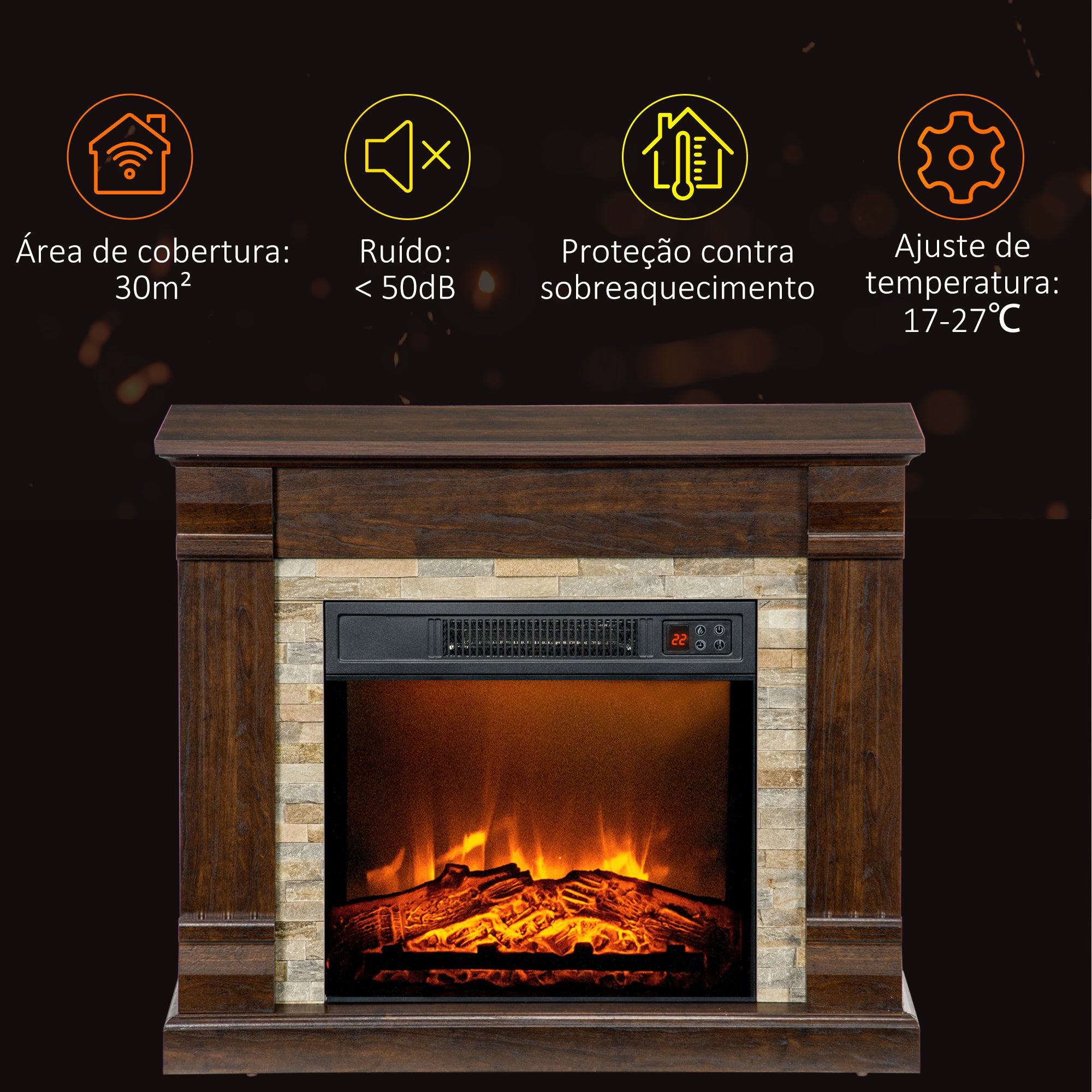 Lareira Elétrica 1800W Efeito de Chama 80x21,6x67,8 cm Marrom