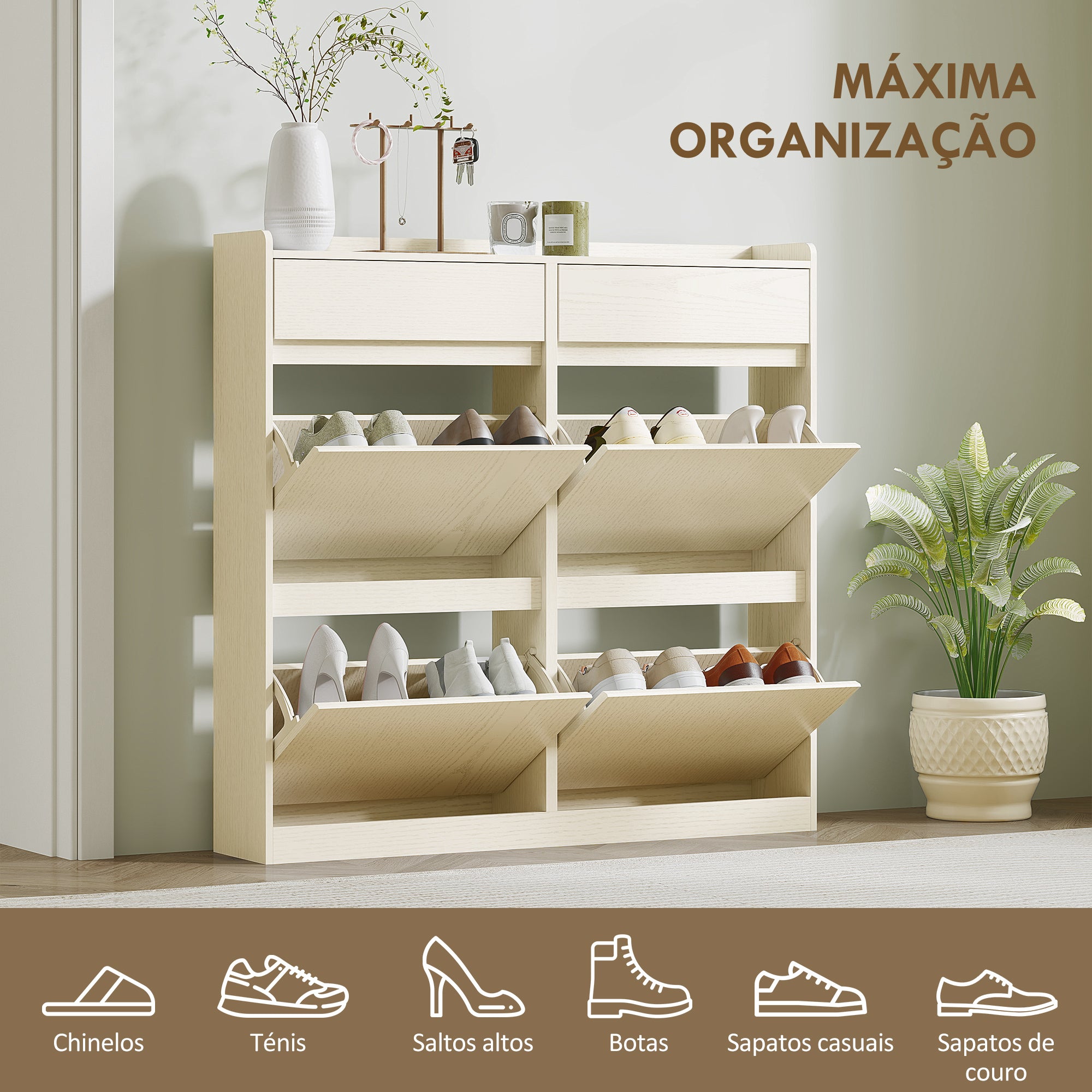 Sapateira Estreita com 4 Portas Articuladas para 8 Pares de Sapatos - 98x19,2x95,3 cm - Branco