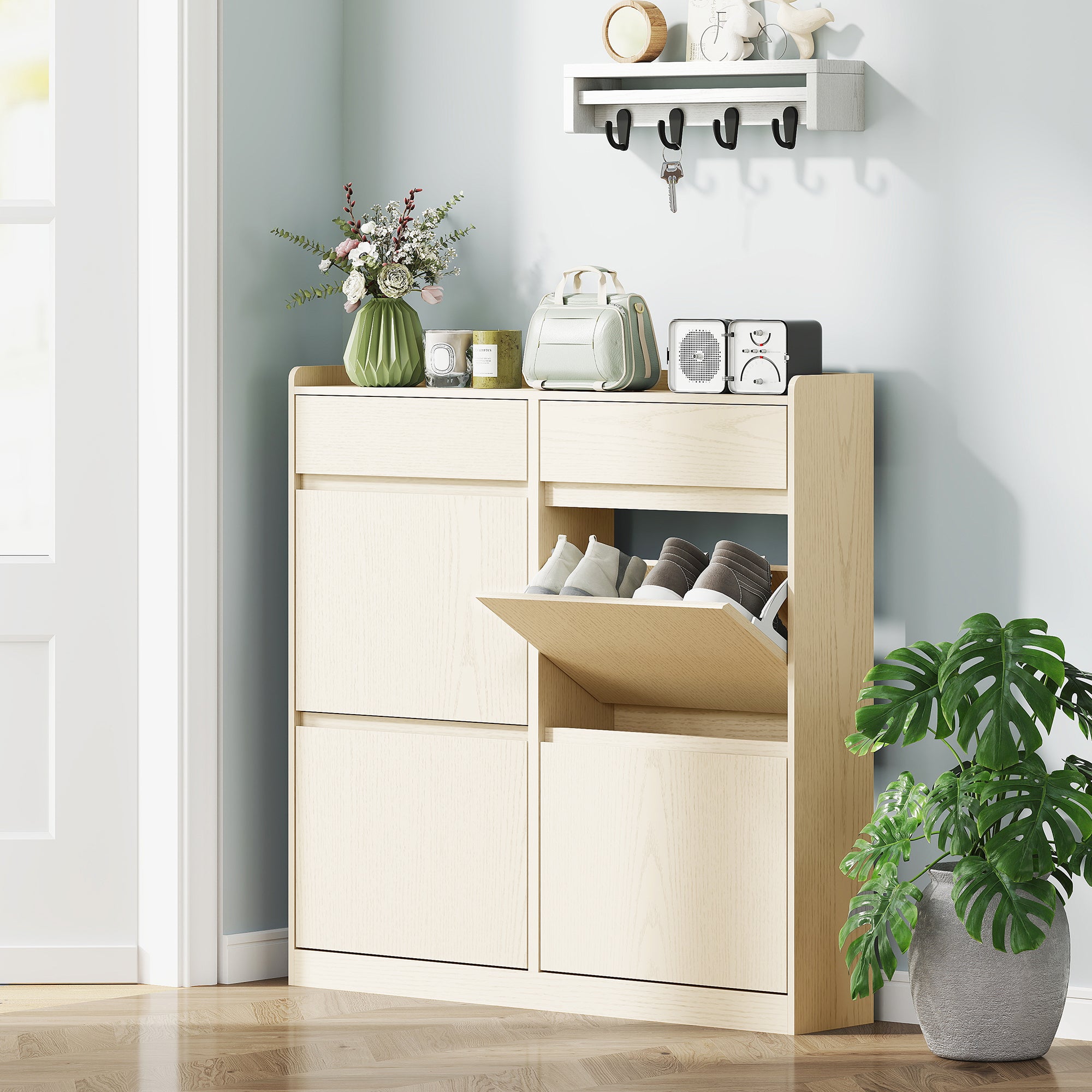 Sapateira Estreita com 4 Portas Articuladas para 8 Pares de Sapatos - 98x19,2x95,3 cm - Branco