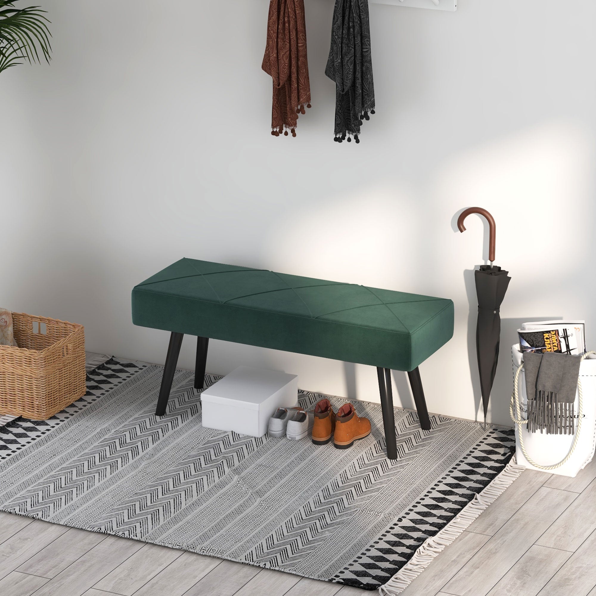 Banco Acolchoado Moderno – 100x36x45 cm – Verde – Veludo