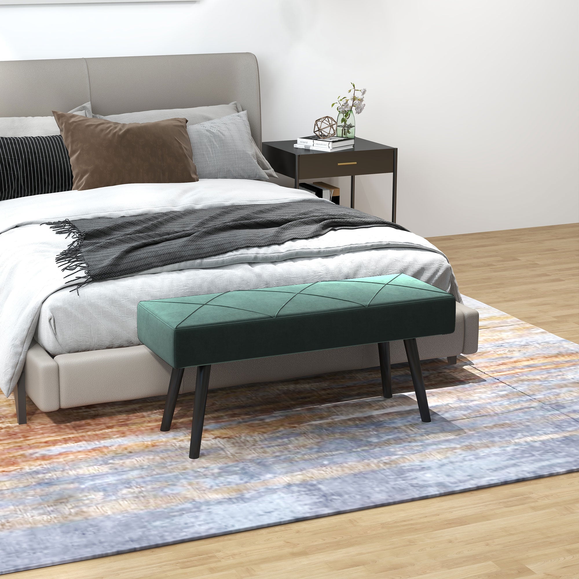 Banco Acolchoado Moderno – 100x36x45 cm – Verde – Veludo