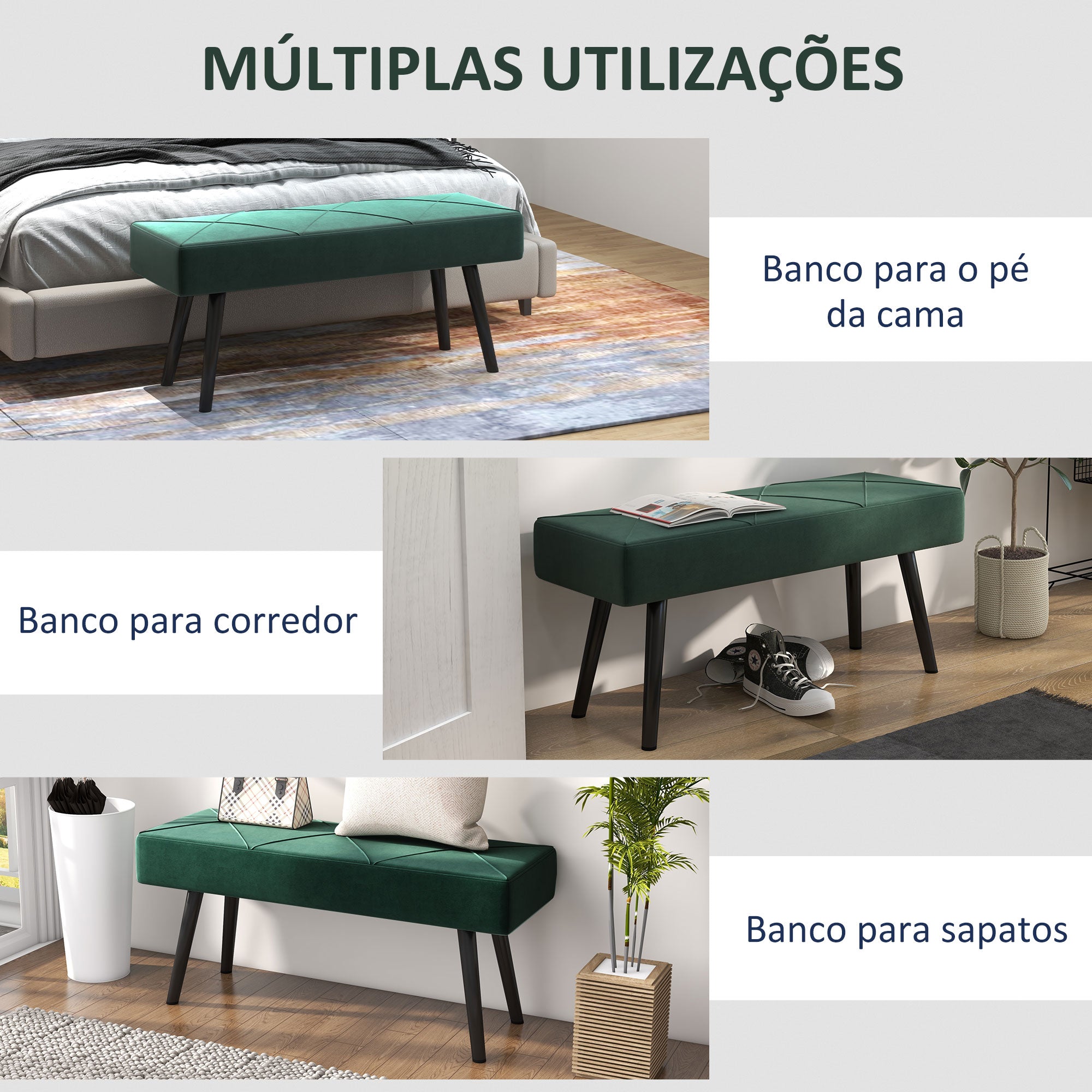 Banco Acolchoado Moderno – 100x36x45 cm – Verde – Veludo