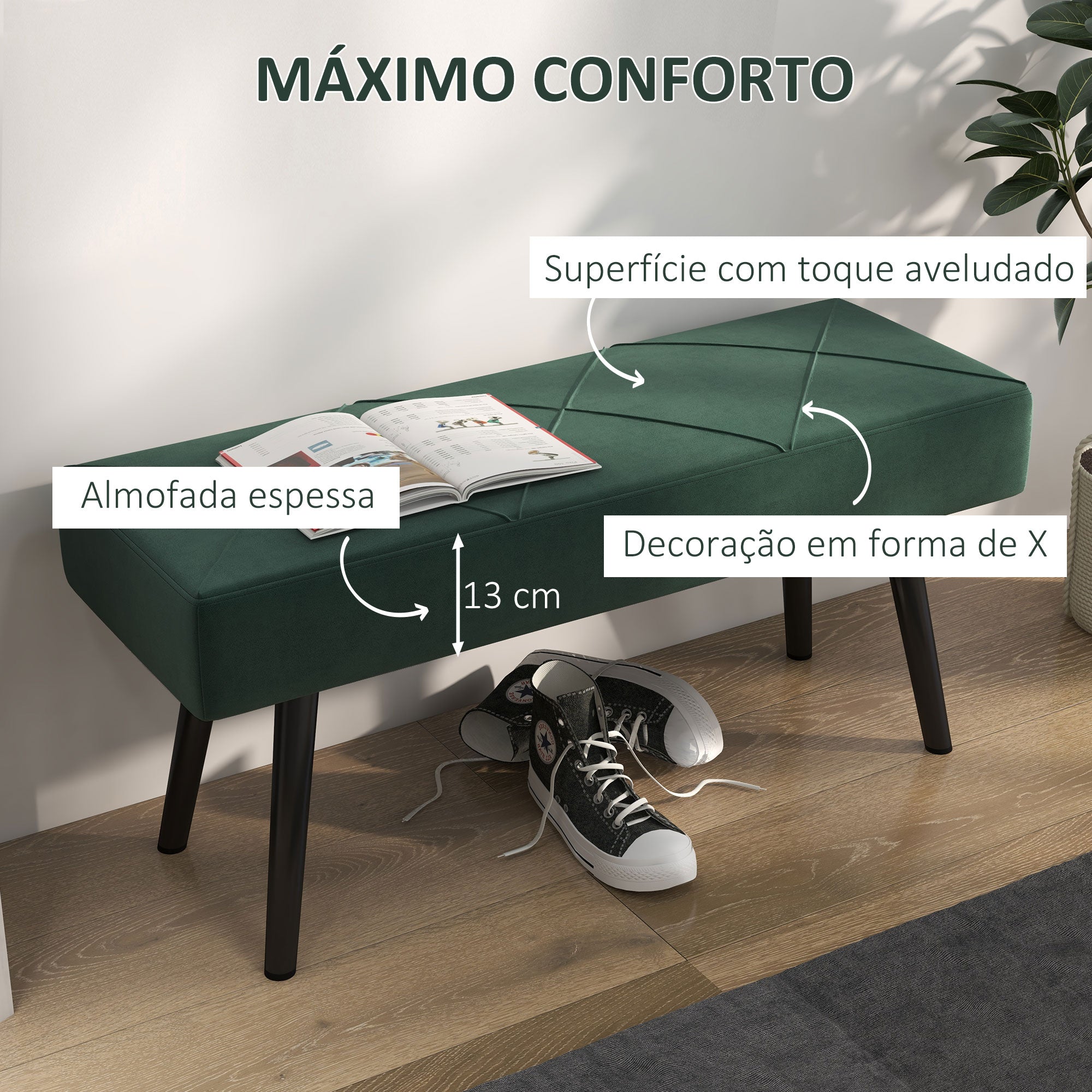 Banco Acolchoado Moderno – 100x36x45 cm – Verde – Veludo