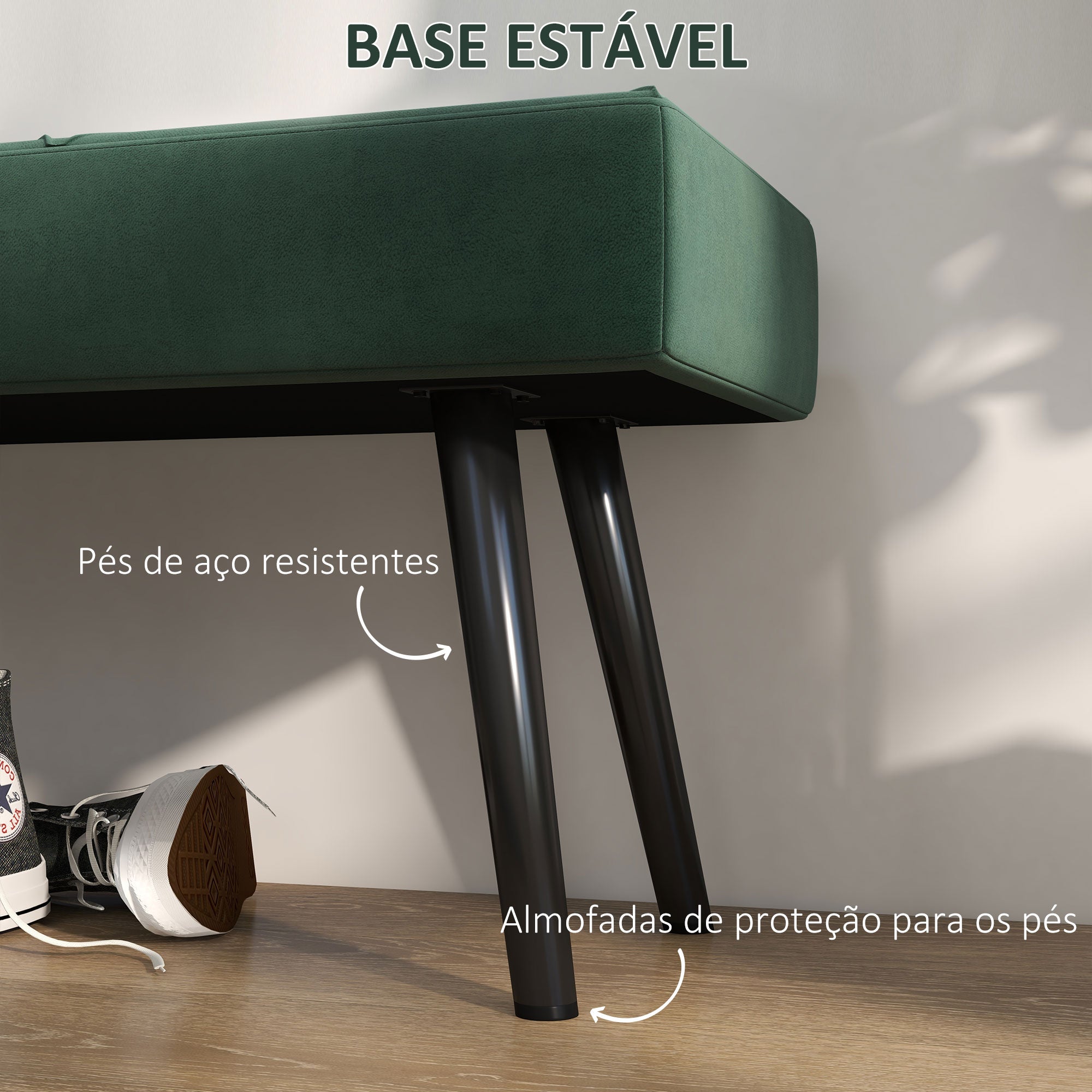 Banco Acolchoado Moderno – 100x36x45 cm – Verde – Veludo