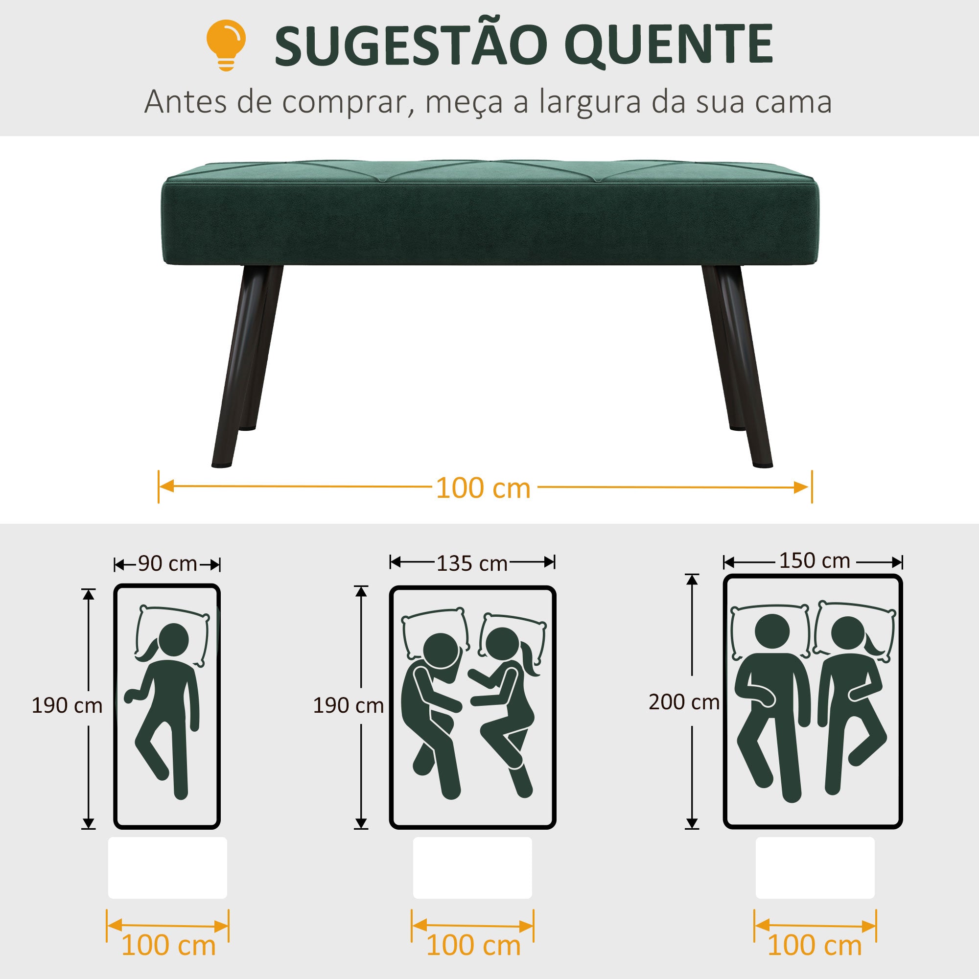Banco Acolchoado Moderno – 100x36x45 cm – Verde – Veludo