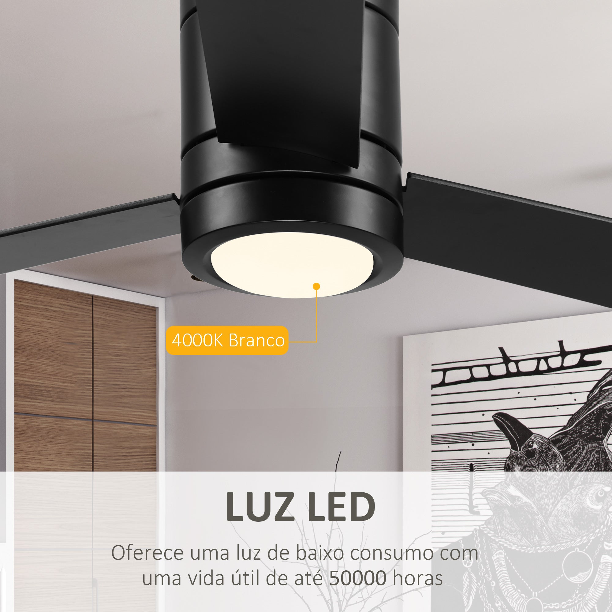 Ventoinha de Teto Ø112x25cm Preto com Luz LED e Controle Remoto
