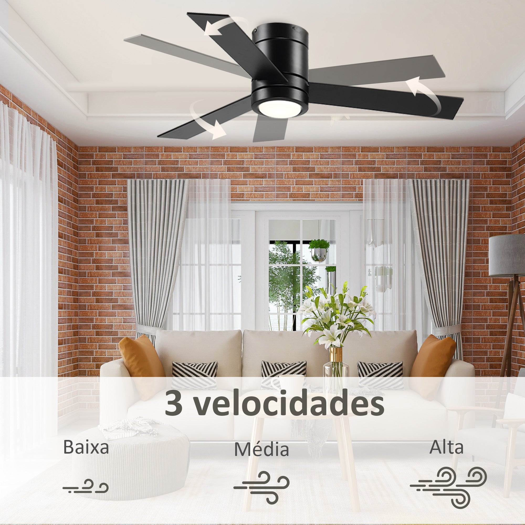 Ventoinha de Teto Ø112x25cm Preto com Luz LED e Controle Remoto