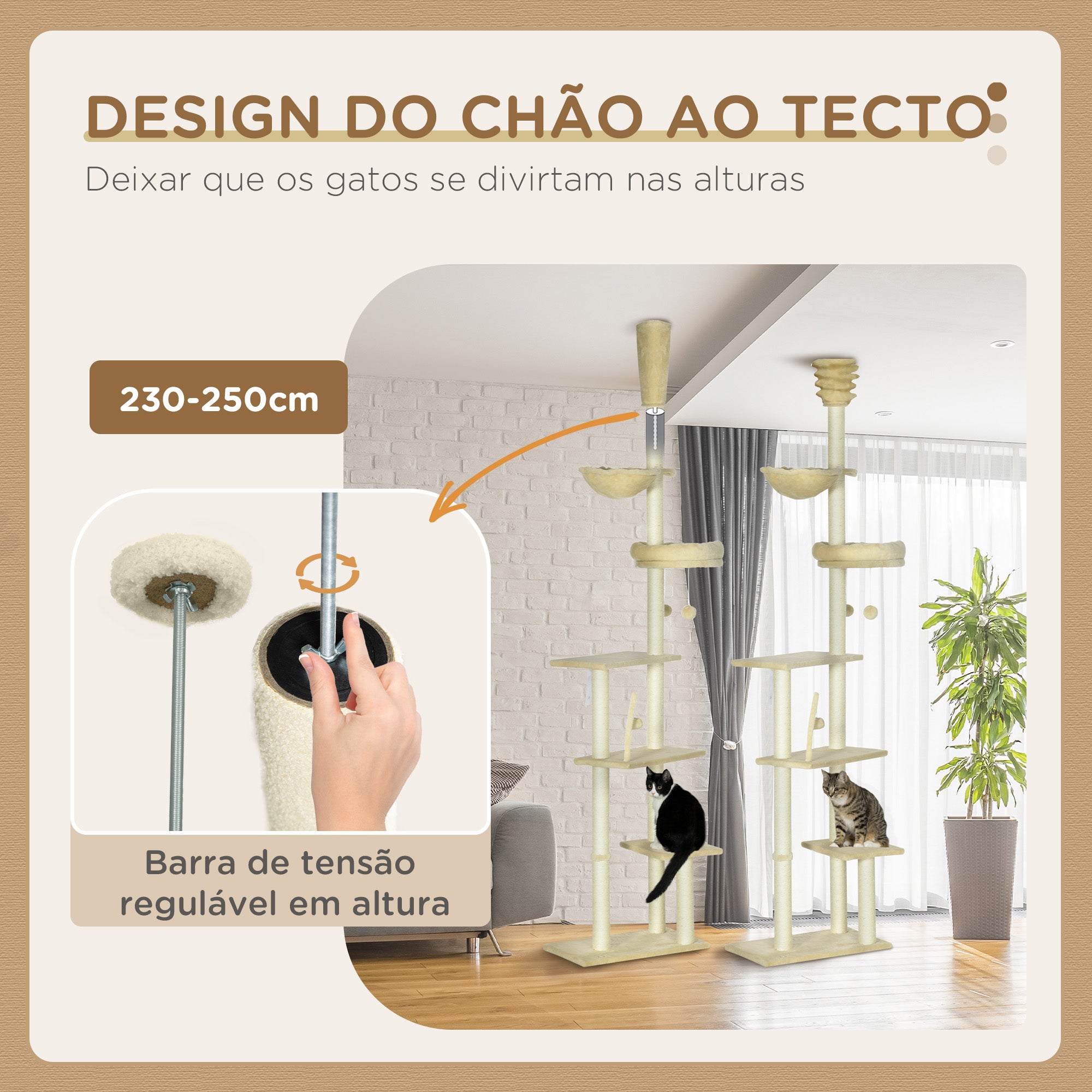 Arranhador para Gatos Bege 54x34x230-250 cm com Altura Ajustável e Múltiplas Plataformas
