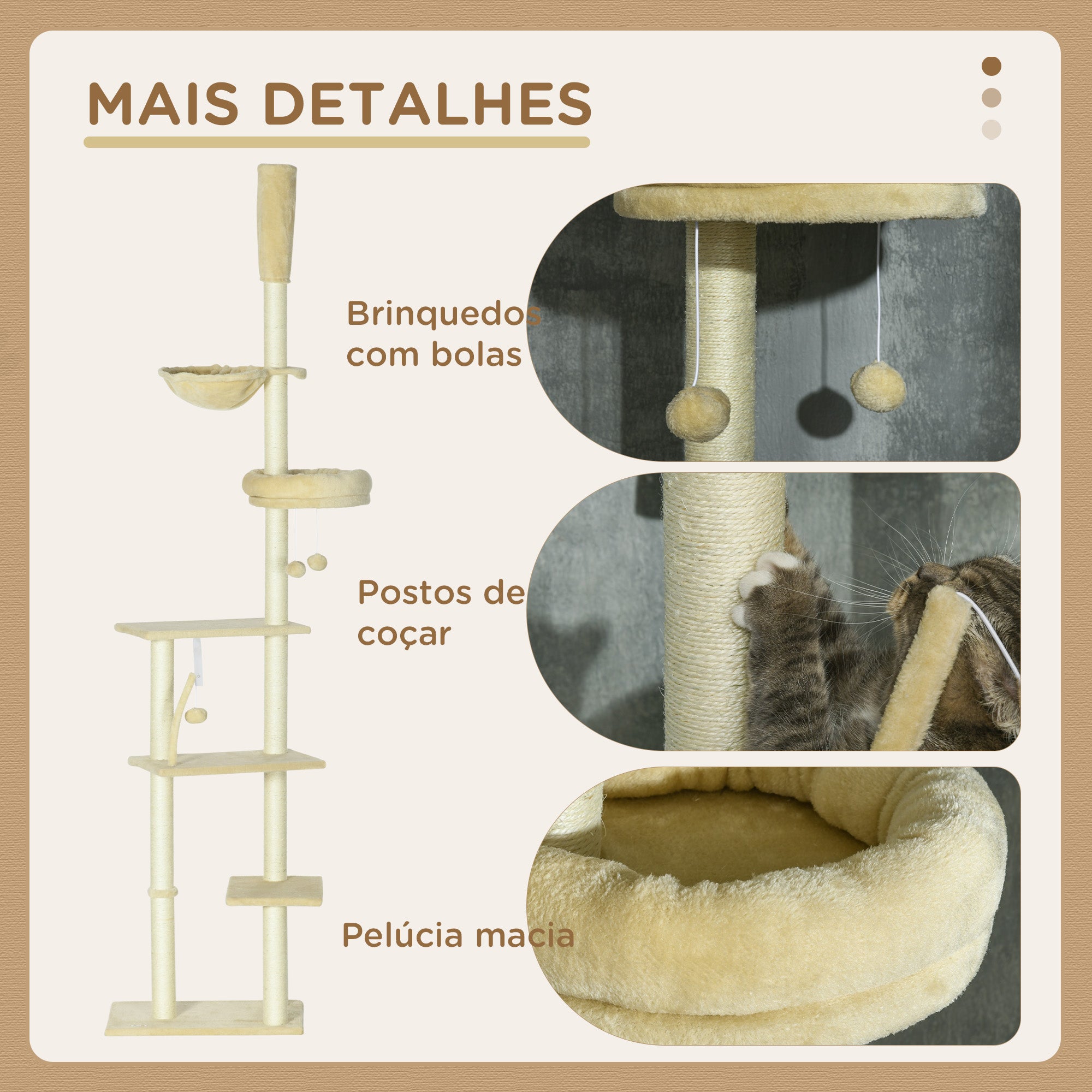 Arranhador para Gatos Bege 54x34x230-250 cm com Altura Ajustável e Múltiplas Plataformas