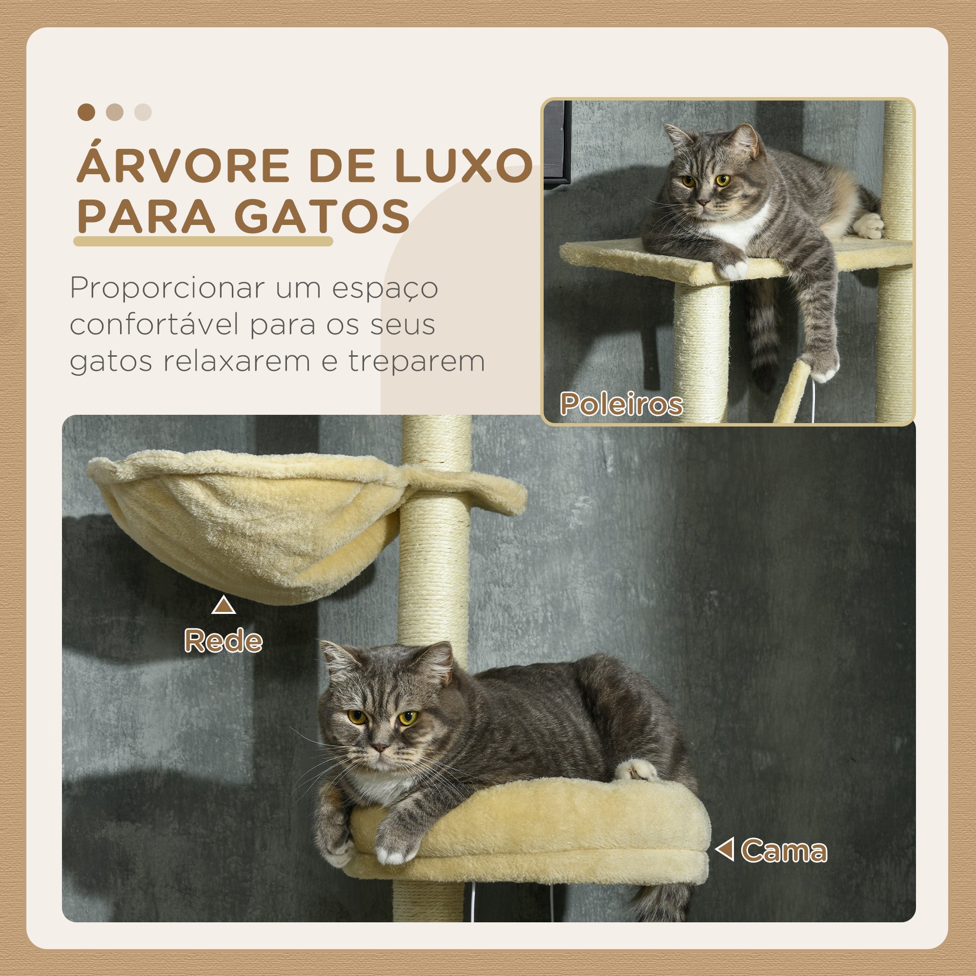 Arranhador para Gatos Bege 54x34x230-250 cm com Altura Ajustável e Múltiplas Plataformas