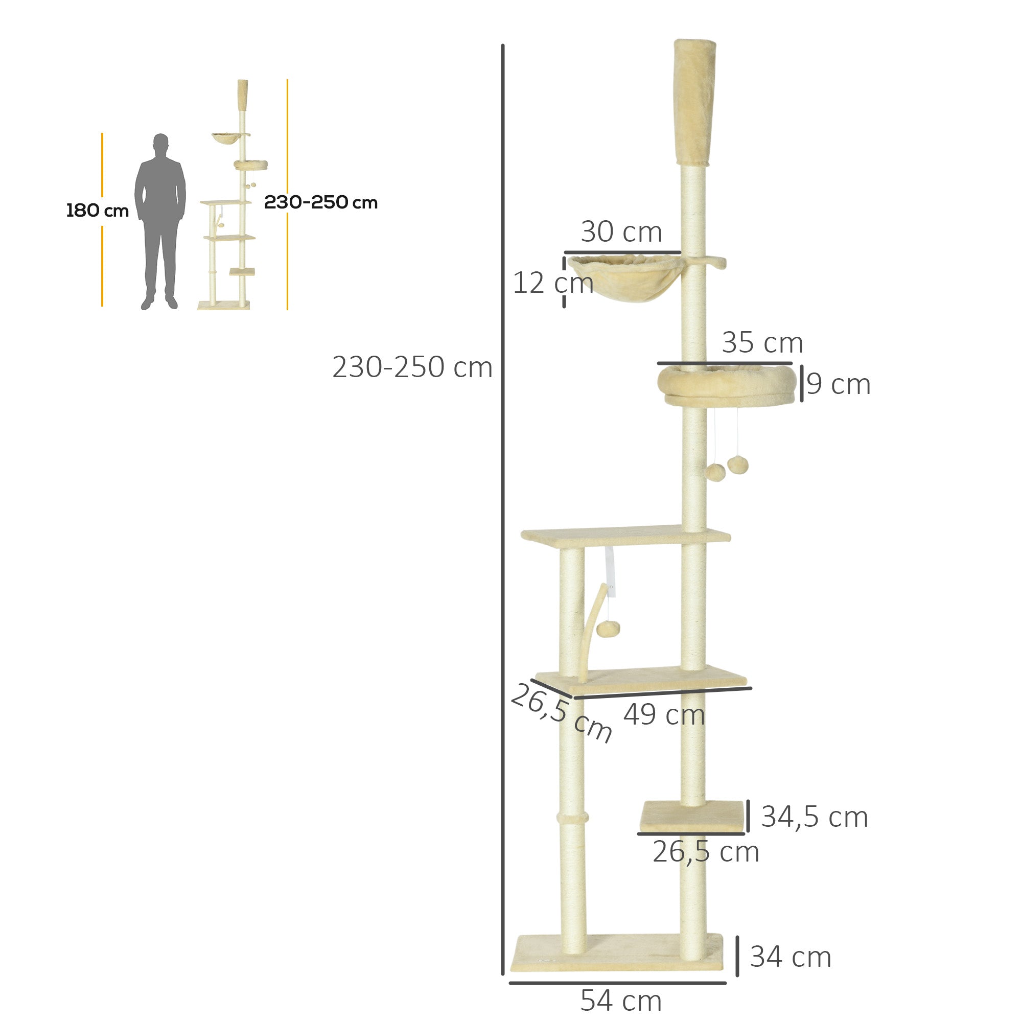 Arranhador para Gatos Bege 54x34x230-250 cm com Altura Ajustável e Múltiplas Plataformas