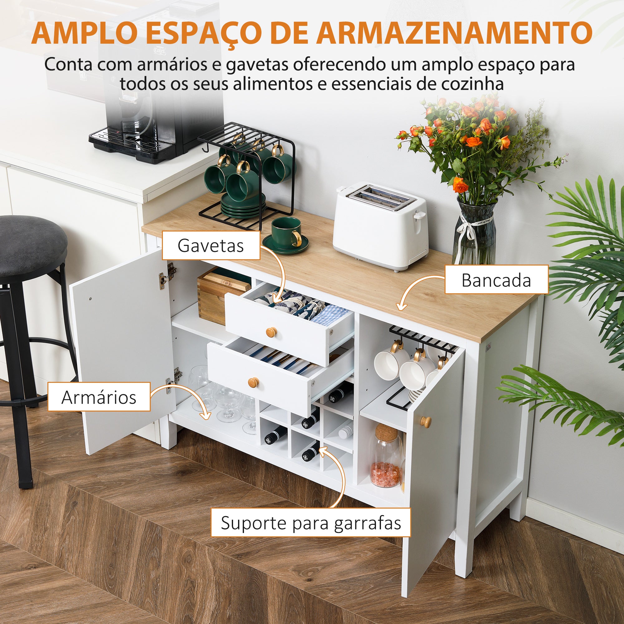 Aparador de Cozinha Moderno 110x35x75 cm - Branco e Madeira