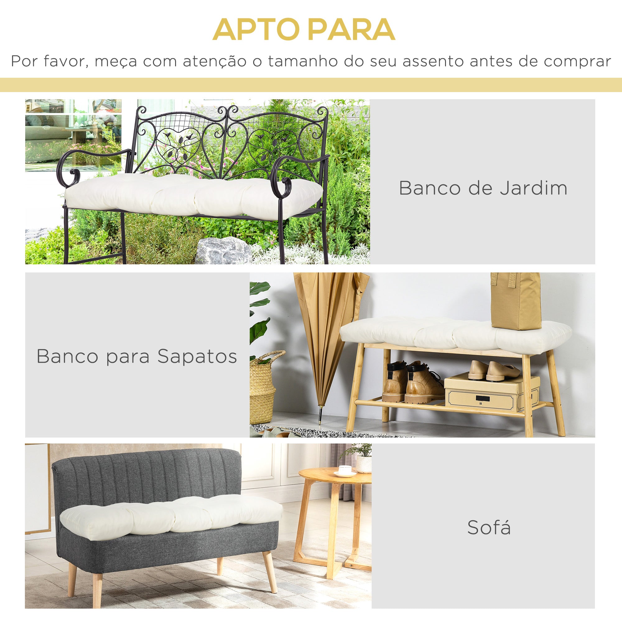 Almofada para Bancos de 2 Lugares 110x48x8cm - Creme Branco