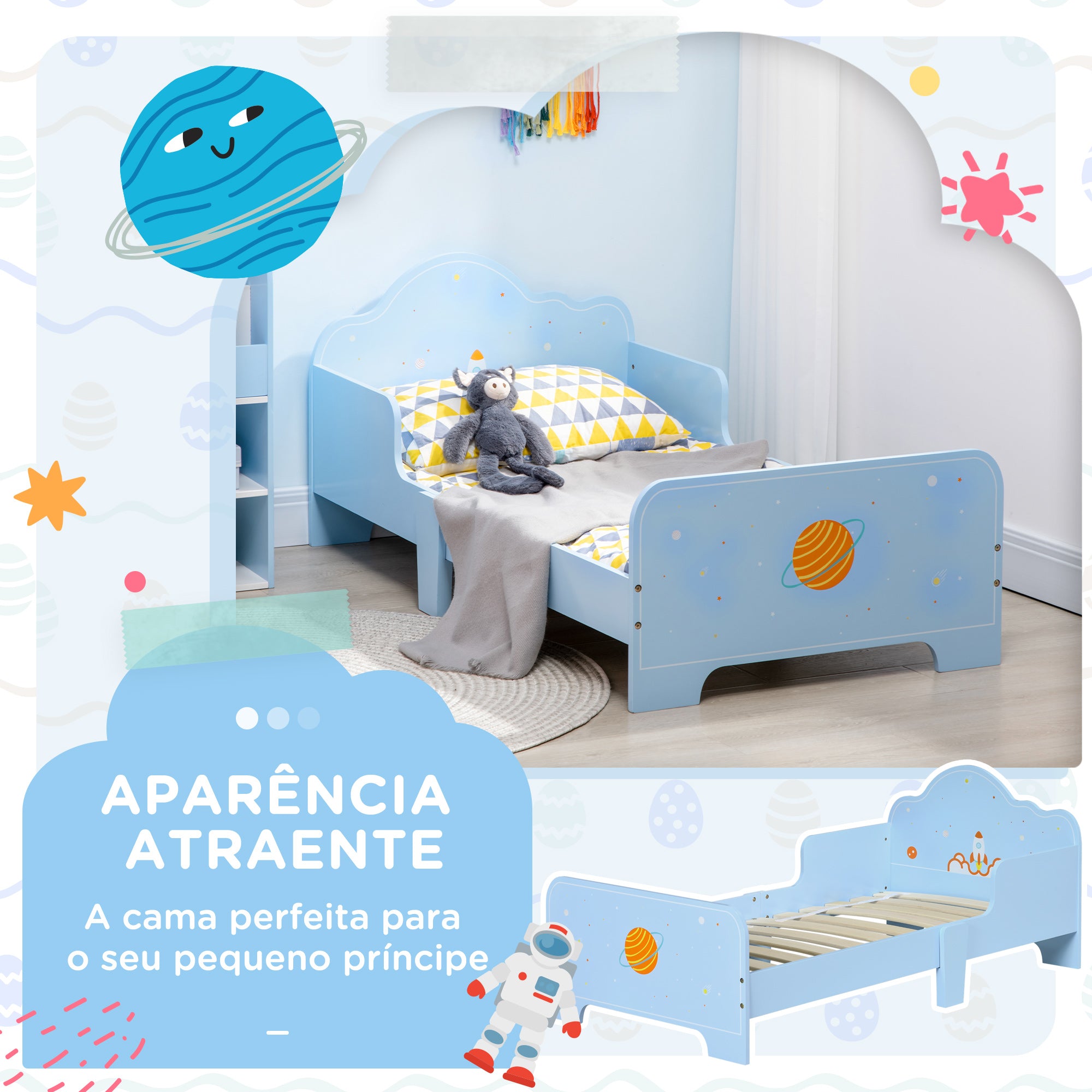 Cama Infantil de Madeira Azul 143x74x59cm para Crianças de 3-6 Anos