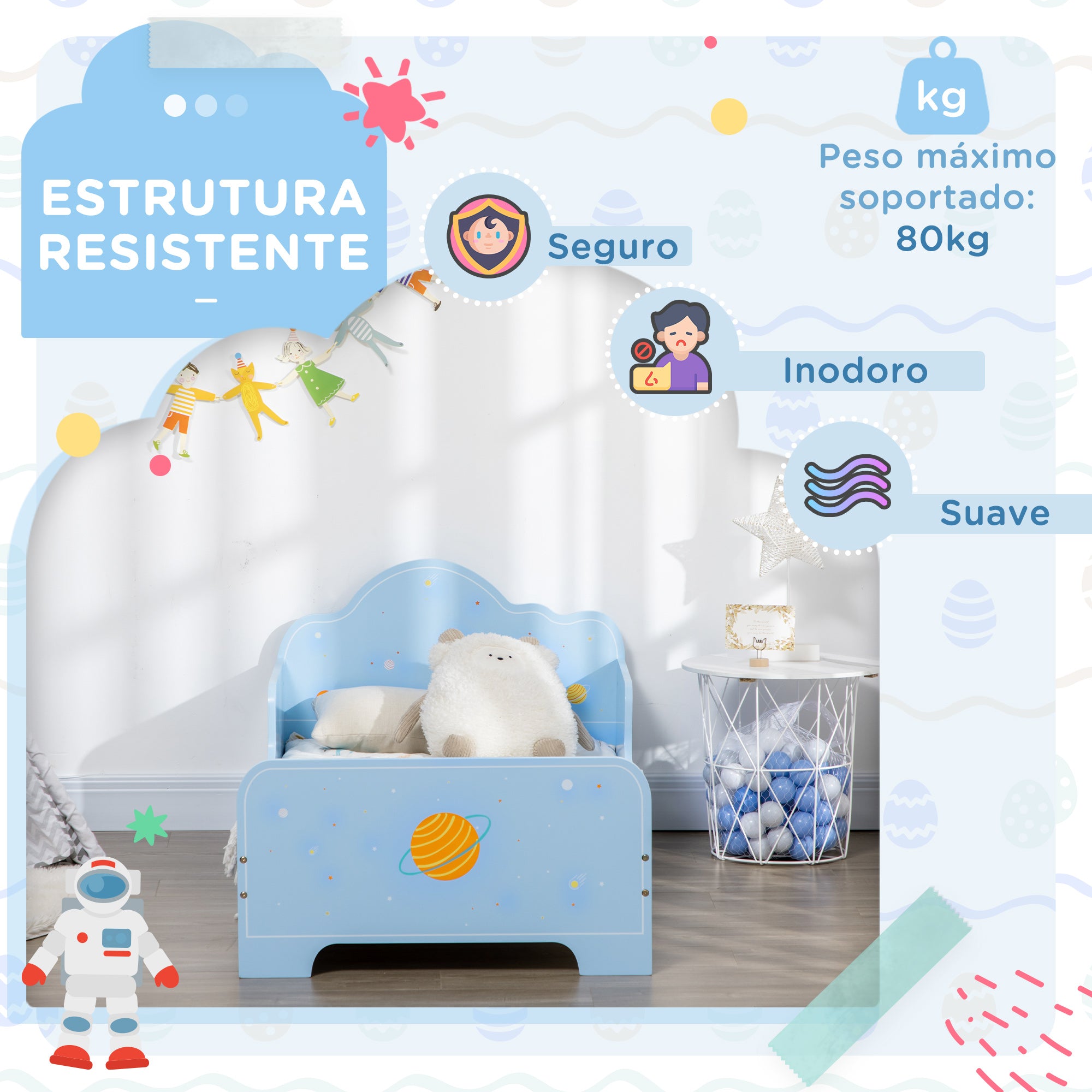 Cama Infantil de Madeira Azul 143x74x59cm para Crianças de 3-6 Anos
