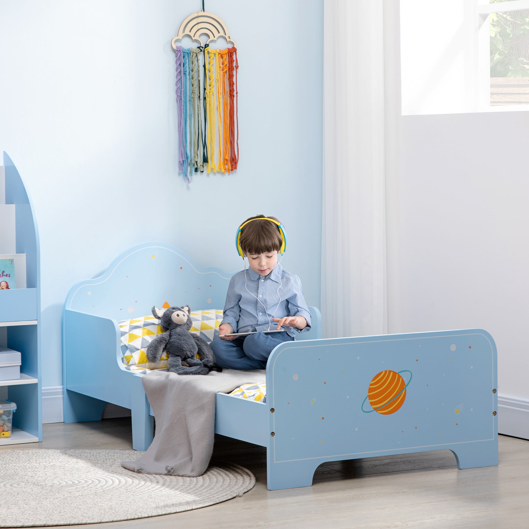 Cama Infantil de Madeira Azul 143x74x59cm para Crianças de 3-6 Anos