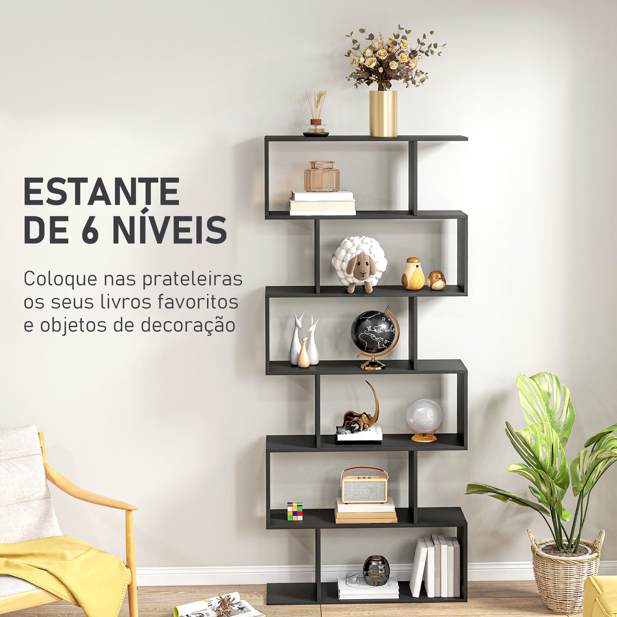 Estante Moderna com 6 Prateleiras 80x23x192 cm - Cor Preto
