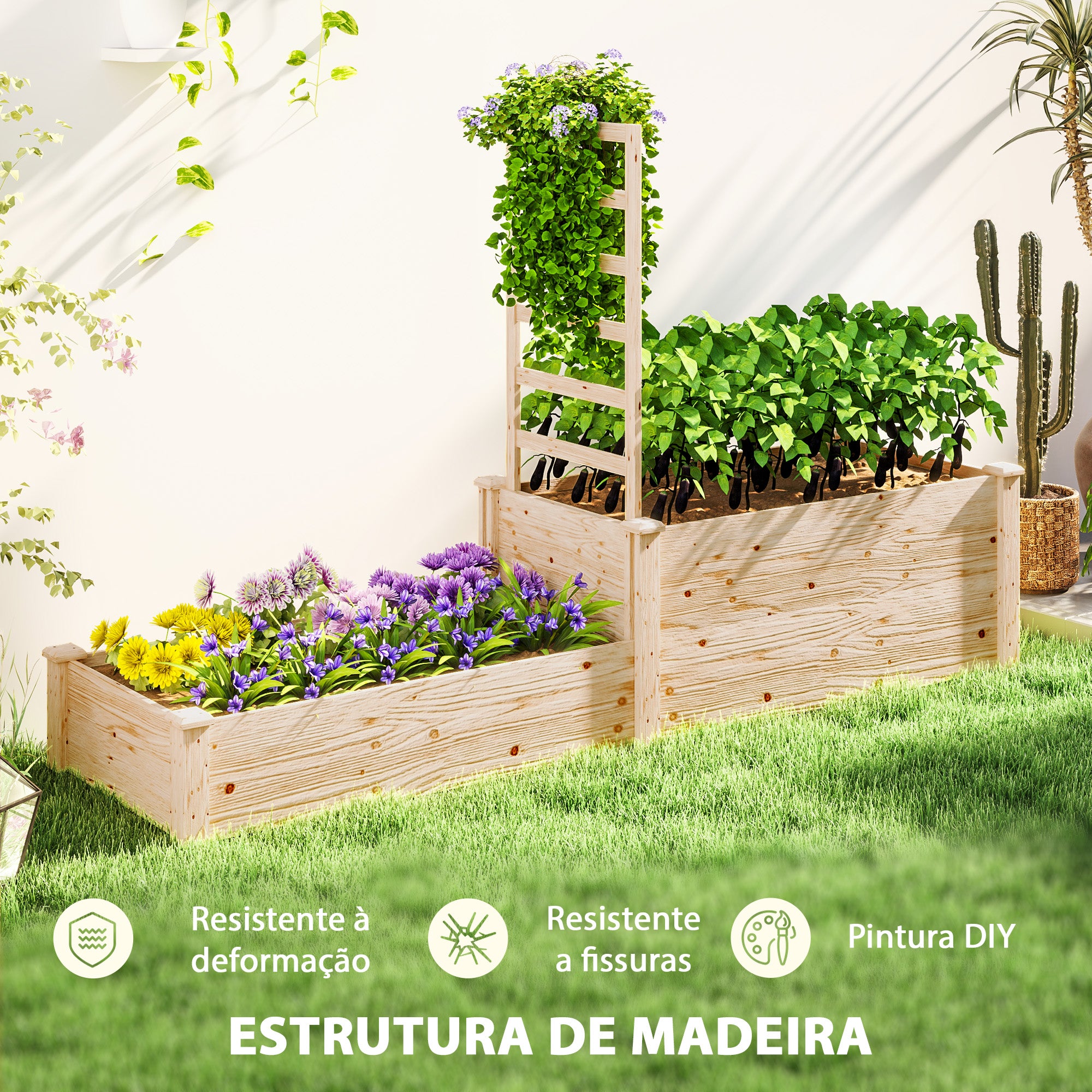 Floreira Exterior Grande de Madeira Natural 222x63x132 cm
