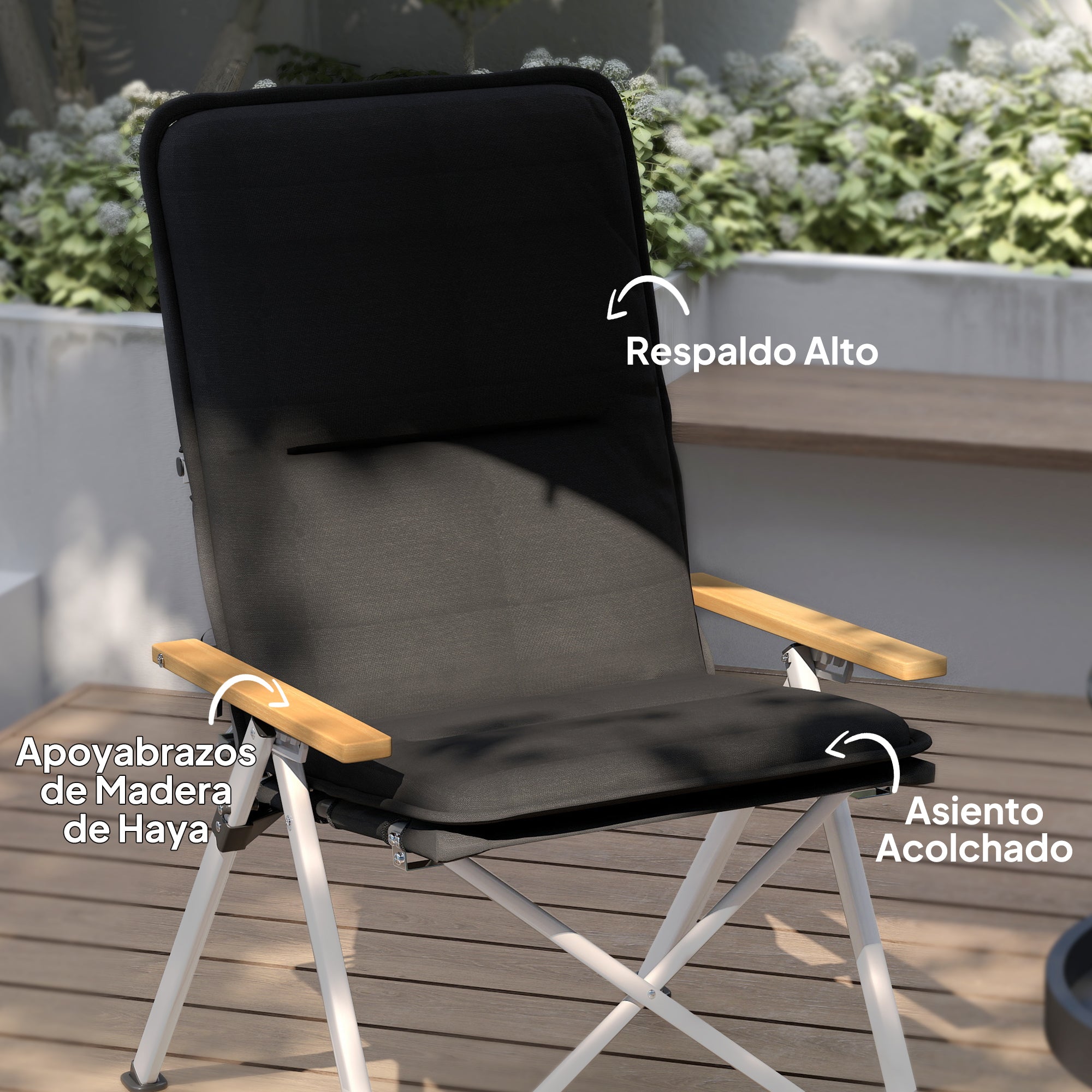 Cadeiras de Campismo Dobráveis de Alumínio com Encosto Alto Ajustável 59x67x96 cm em Preto