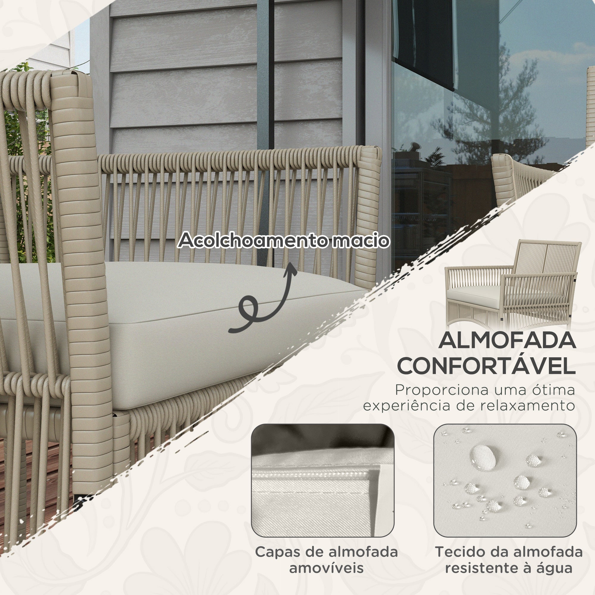 Conjunto de Móveis de Jardim de Vime – 100x56x80 cm – Cor Cáqui – Aço, Vime PE, Poliéster e Espuma