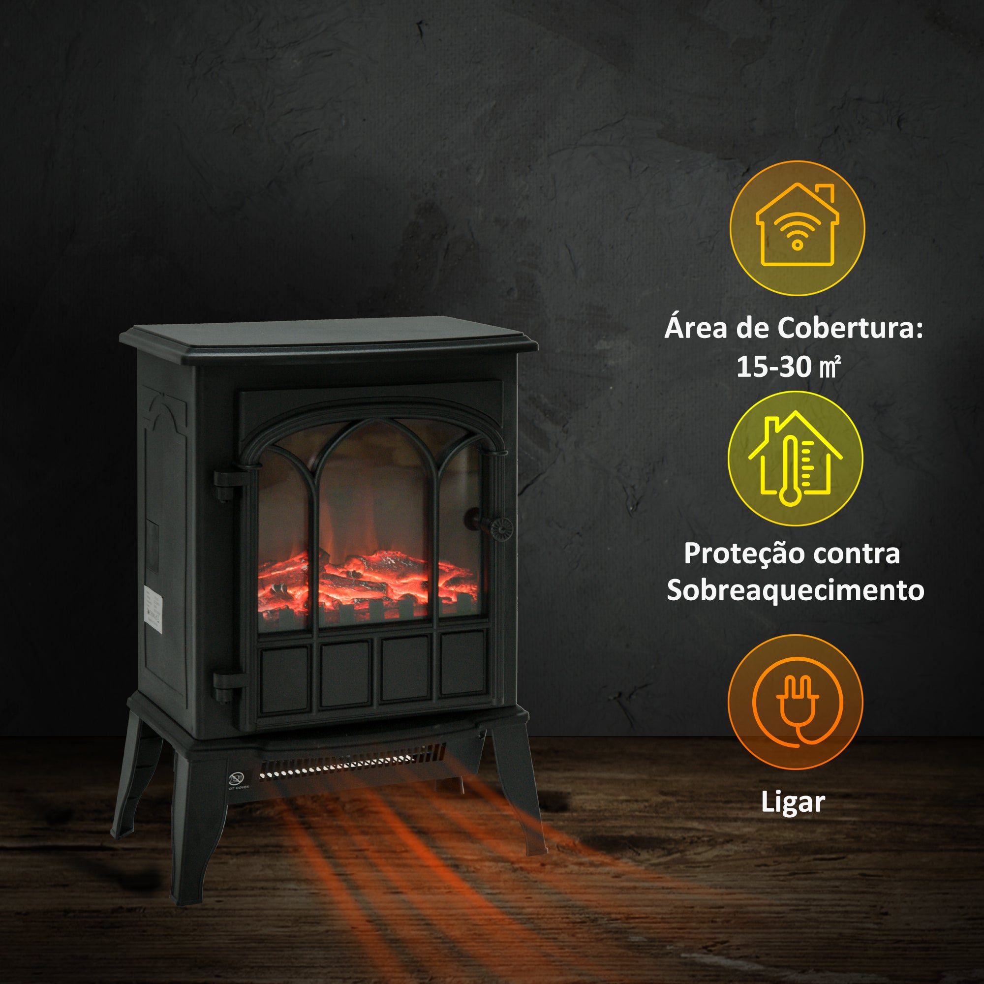 Lareira Elétrica Portátil 1000/2000W Efeito de Chama Realista Preto 39x23x56,5cm