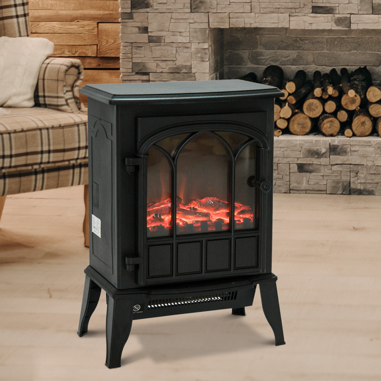 Lareira Elétrica Portátil 1000/2000W Efeito de Chama Realista Preto 39x23x56,5cm