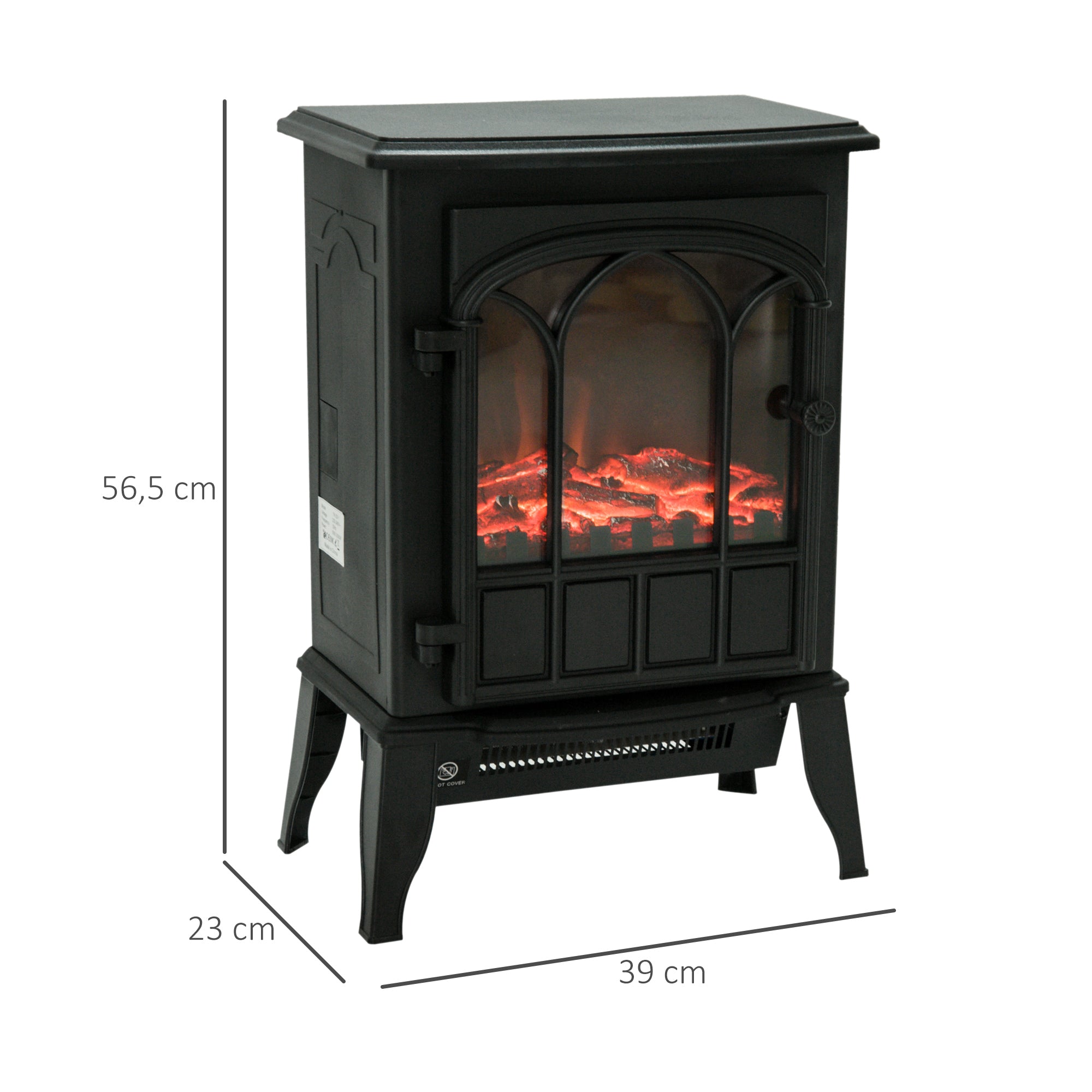Lareira Elétrica Portátil 1000/2000W Efeito de Chama Realista Preto 39x23x56,5cm
