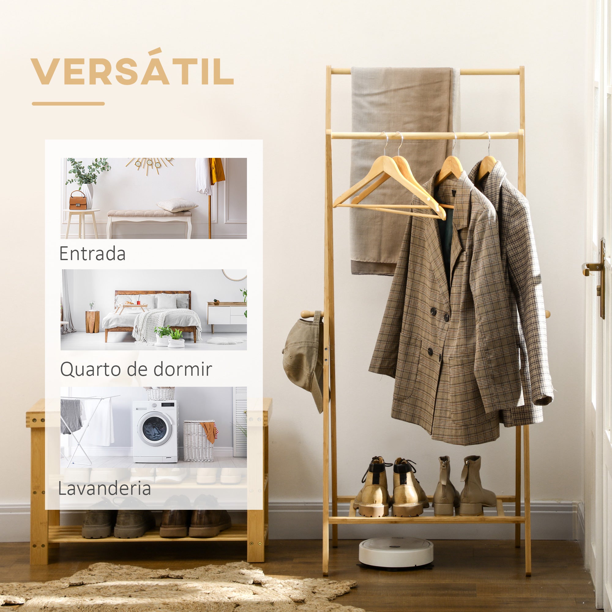 Suporte para Cabides de Bambu com Prateleira para Sapatos 74x42x150 cm Cor de Madeira Natural