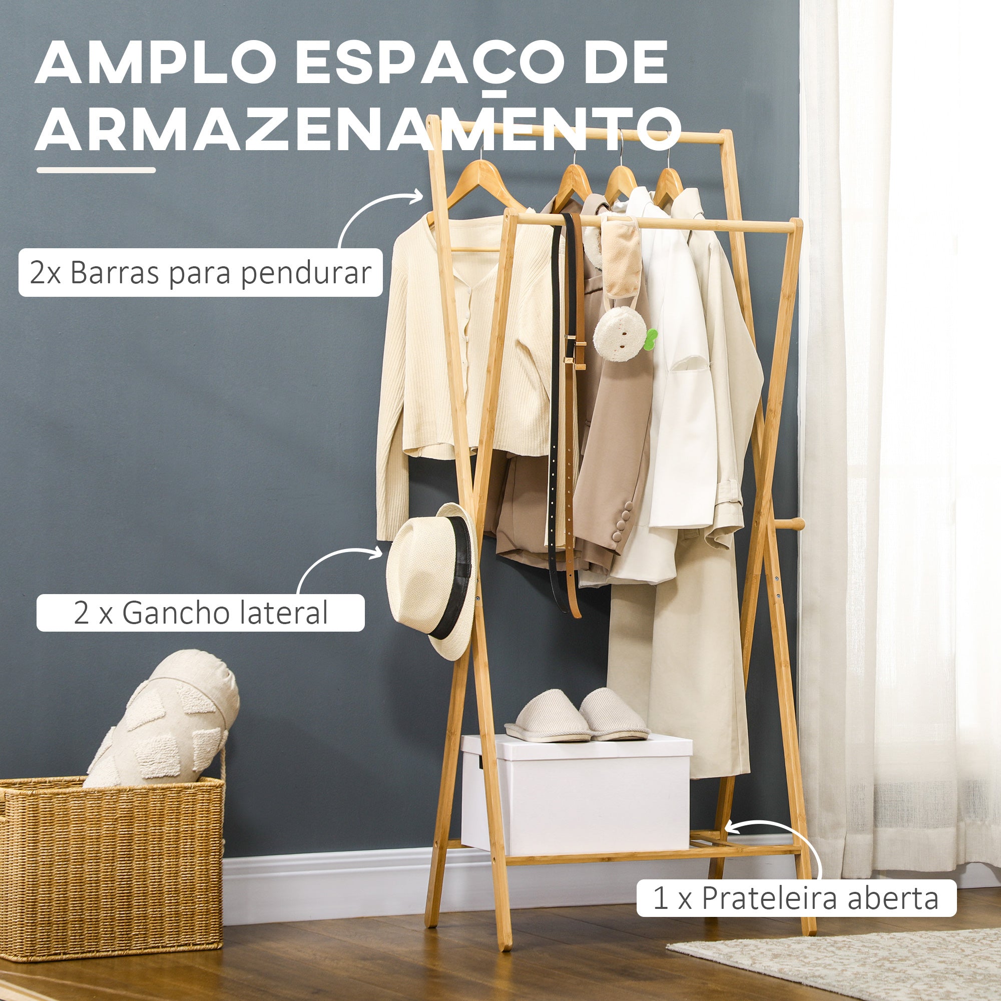 Suporte para Cabides de Bambu com Prateleira para Sapatos 74x42x150 cm Cor de Madeira Natural