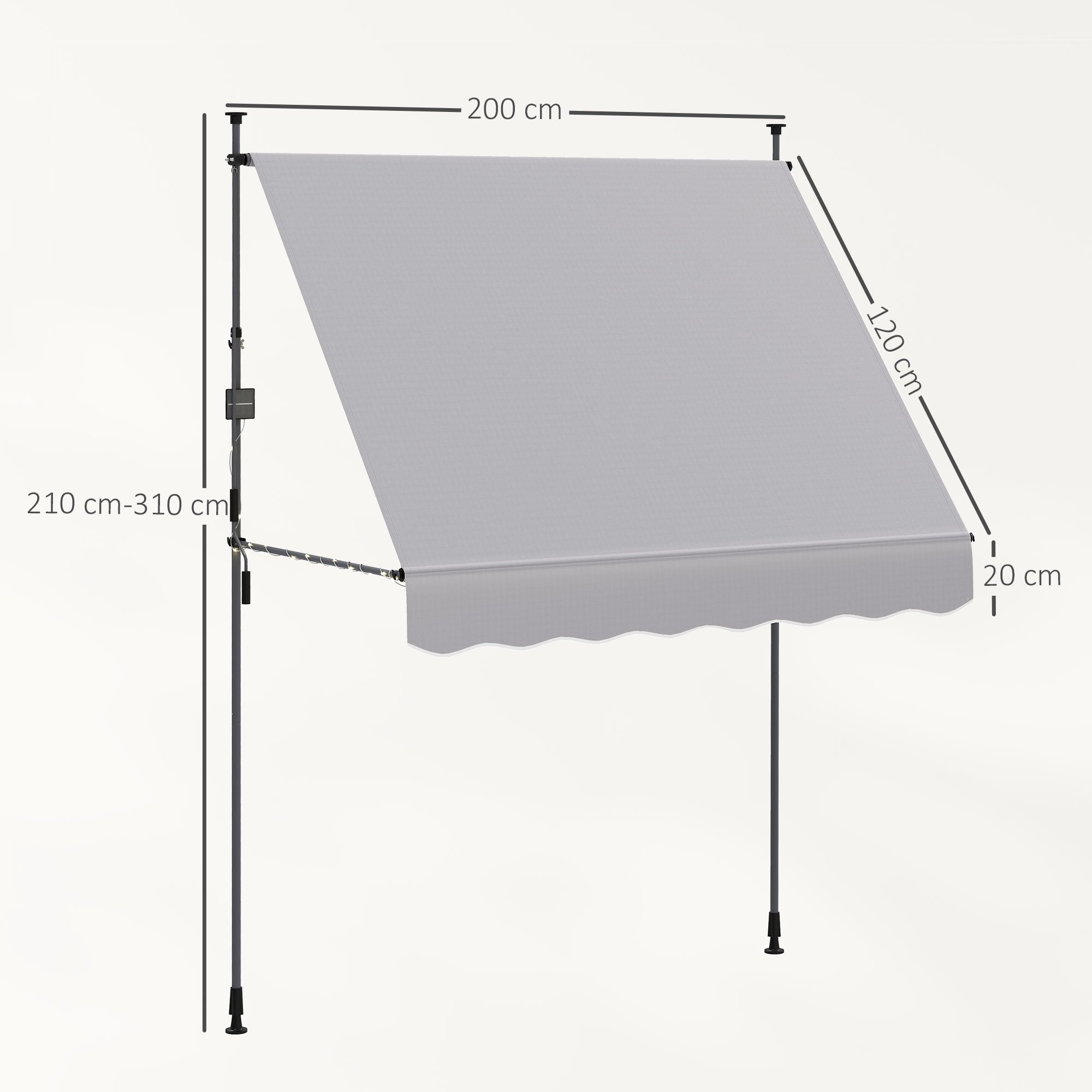 Toldo Manual Retrátil 200x120 cm Cinzento - Altura Ajustável 210-310 cm