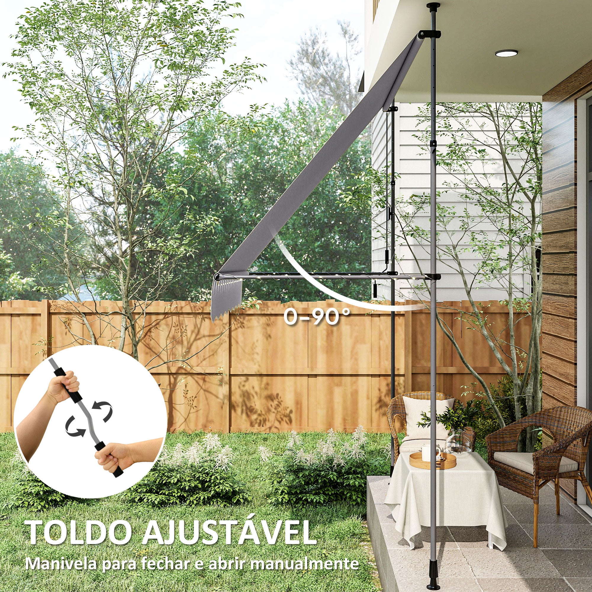 Toldo Manual Retrátil 200x120 cm Cinzento - Altura Ajustável 210-310 cm