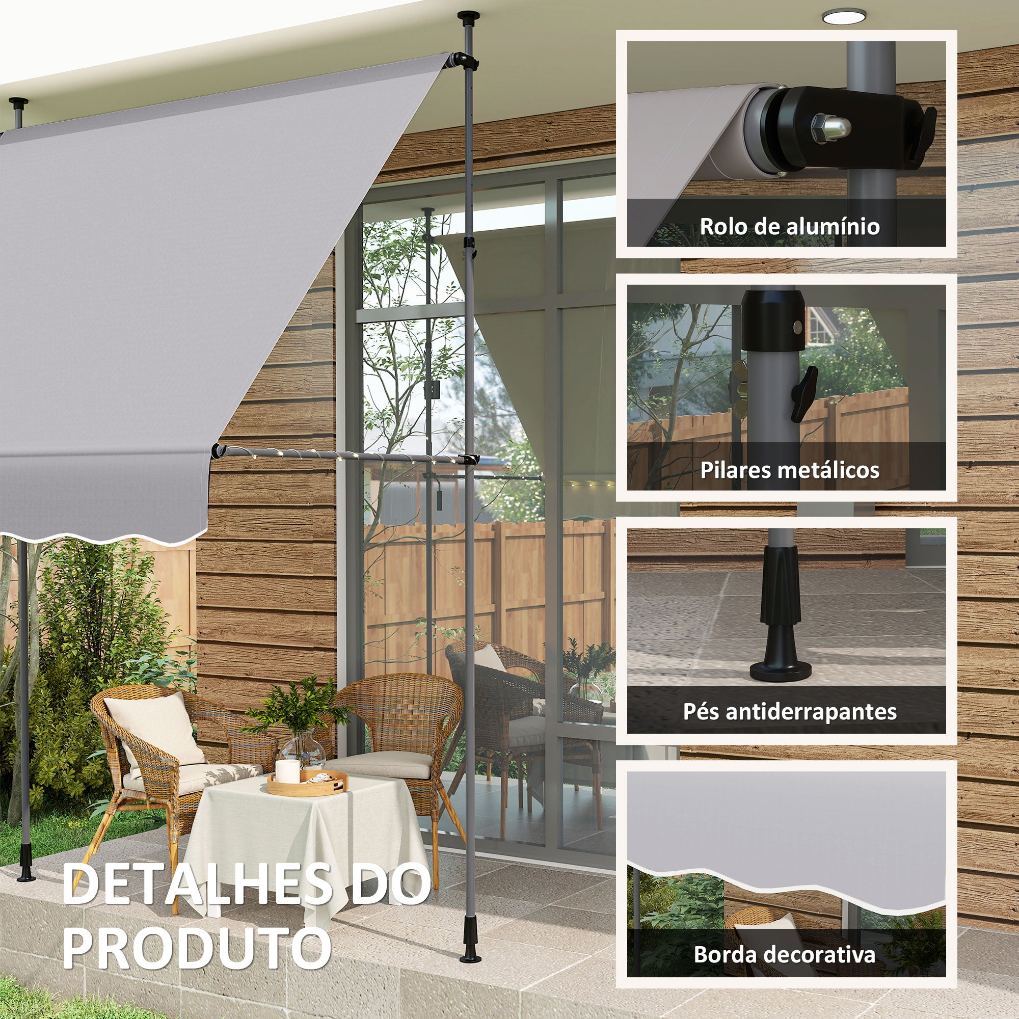 Toldo Manual Retrátil 200x120 cm Cinzento - Altura Ajustável 210-310 cm