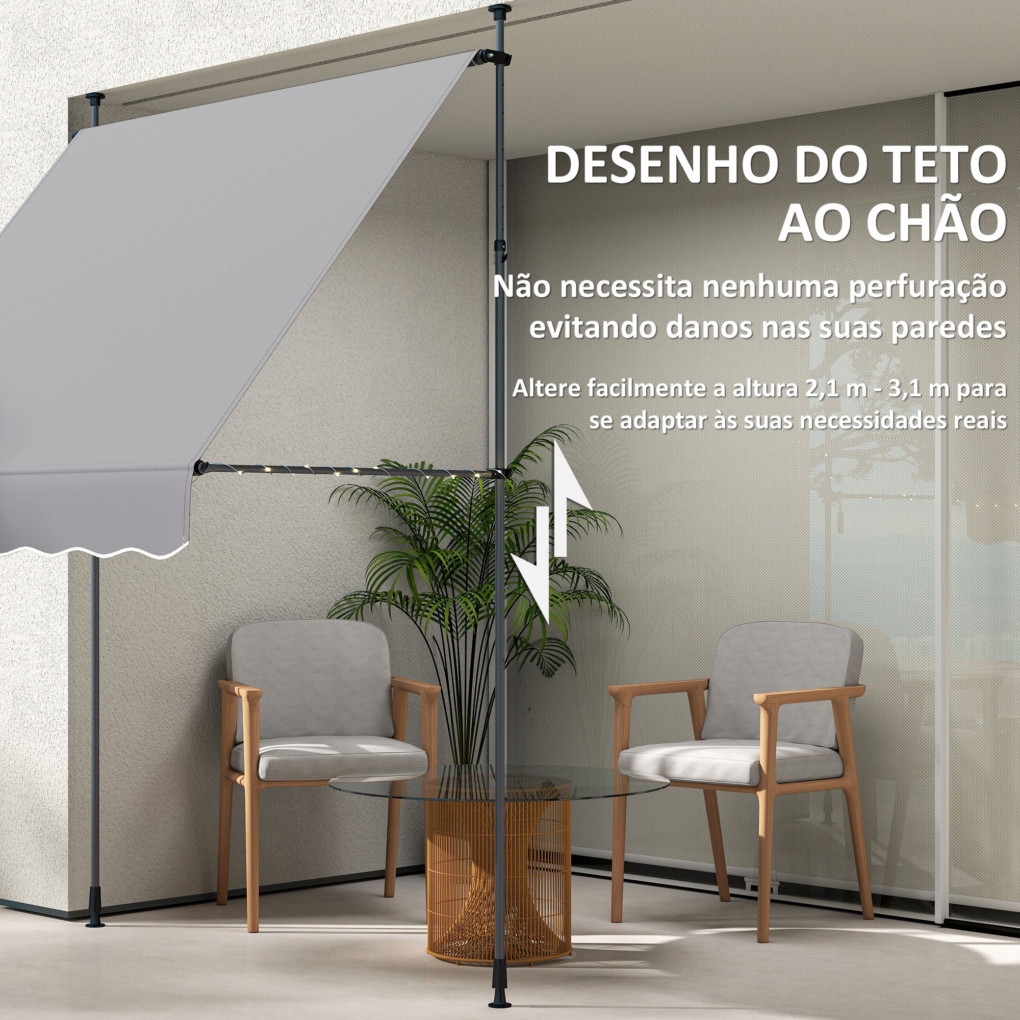 Toldo Manual Retrátil 200x120 cm Cinzento - Altura Ajustável 210-310 cm