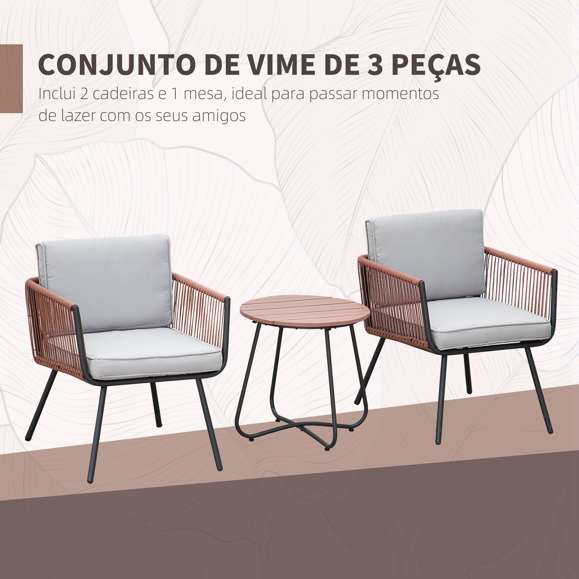 Conjunto de Móveis de Jardim Vime 3 Peças Cinza 61x64x64 cm