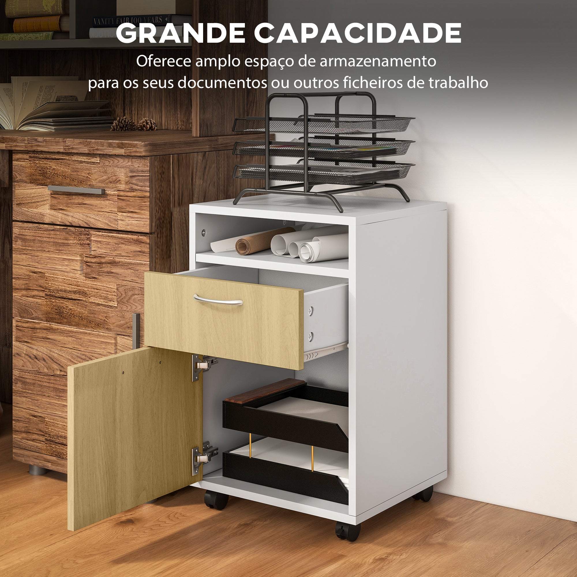 Bloco de Gavetas de Escritório – 40x35x60 cm – Madeira e Branco – Melamina