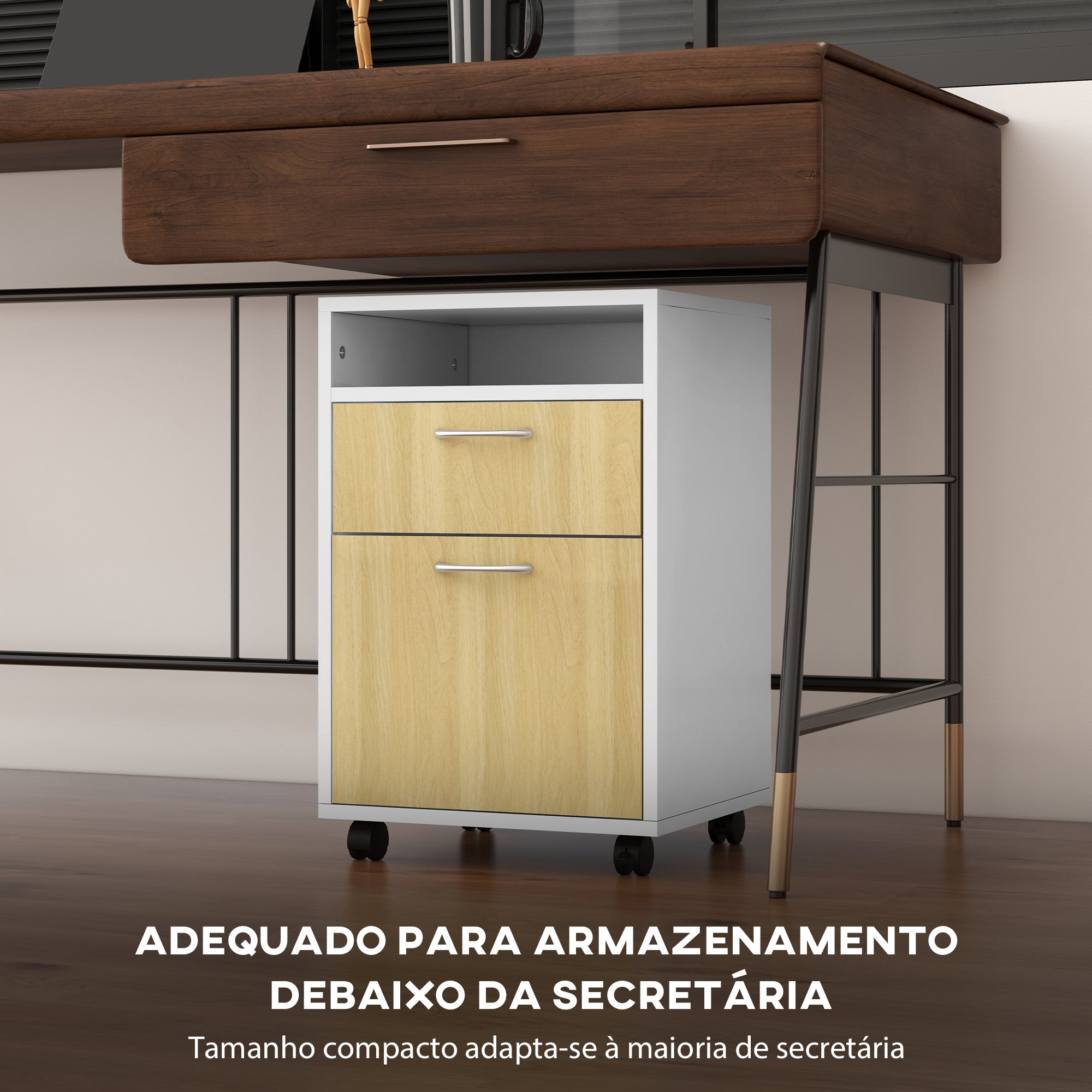 Bloco de Gavetas de Escritório com Armário e Gaveta Móvel - 40x35x60 cm - Madeira e Branco