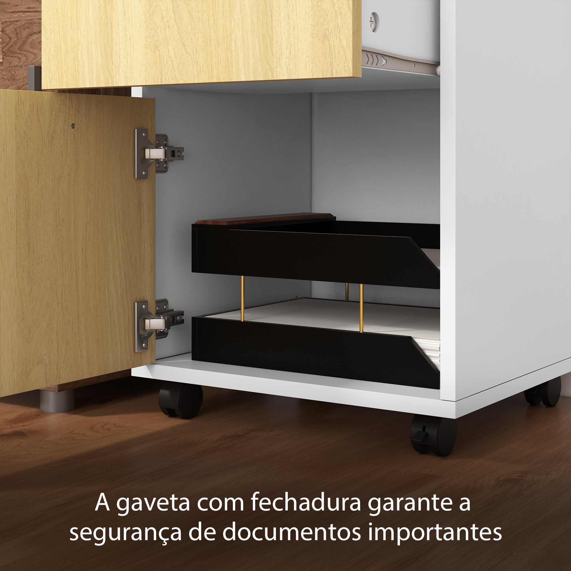 Bloco de Gavetas de Escritório com Armário e Gaveta Móvel - 40x35x60 cm - Madeira e Branco