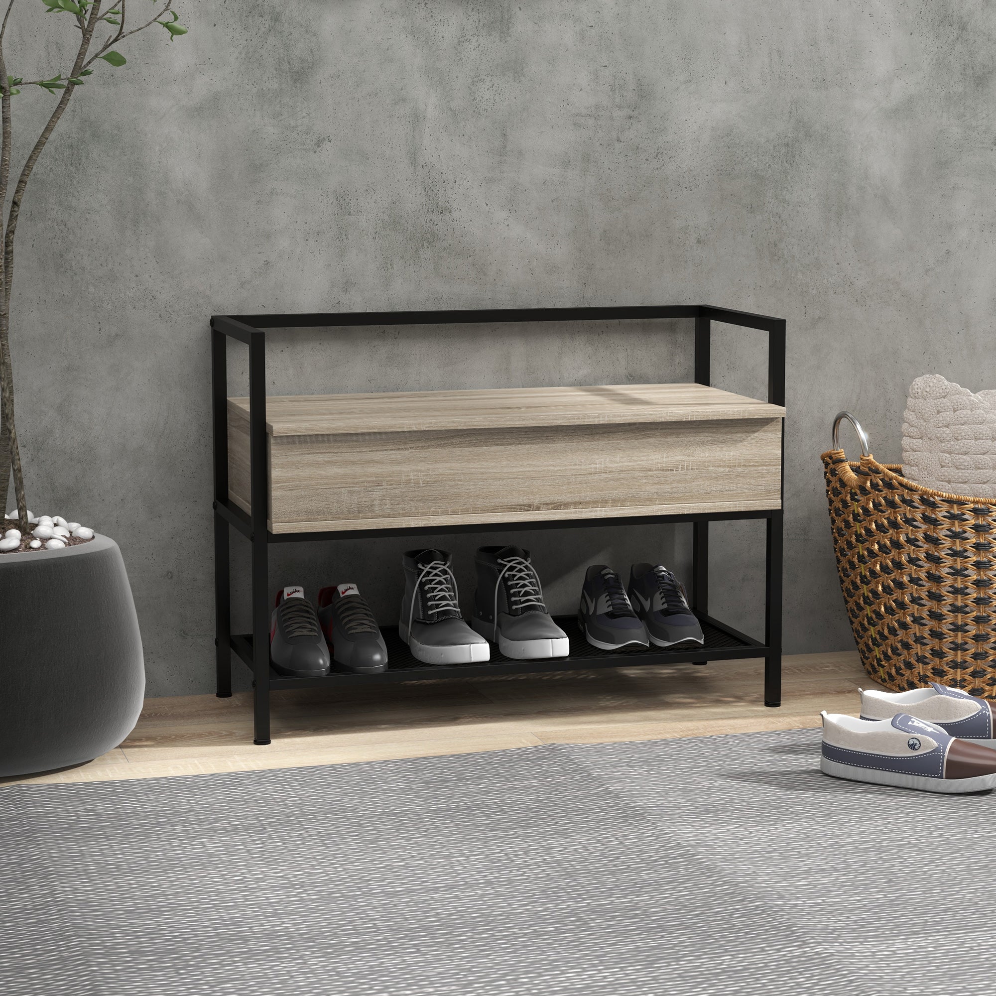 Banco Sapateira com Tampa Dobrável 84x39,5x61 cm - Preto e Madeira