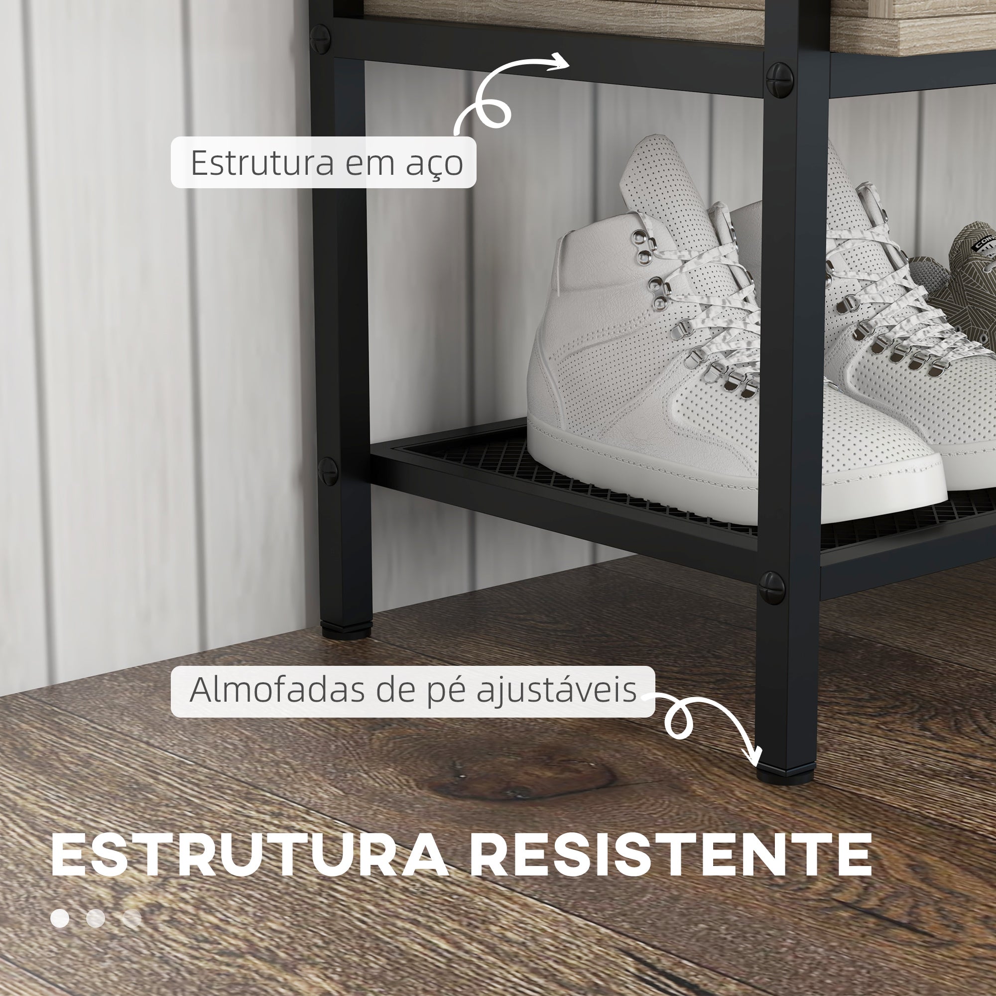 Banco Sapateira com Tampa Dobrável 84x39,5x61 cm - Preto e Madeira