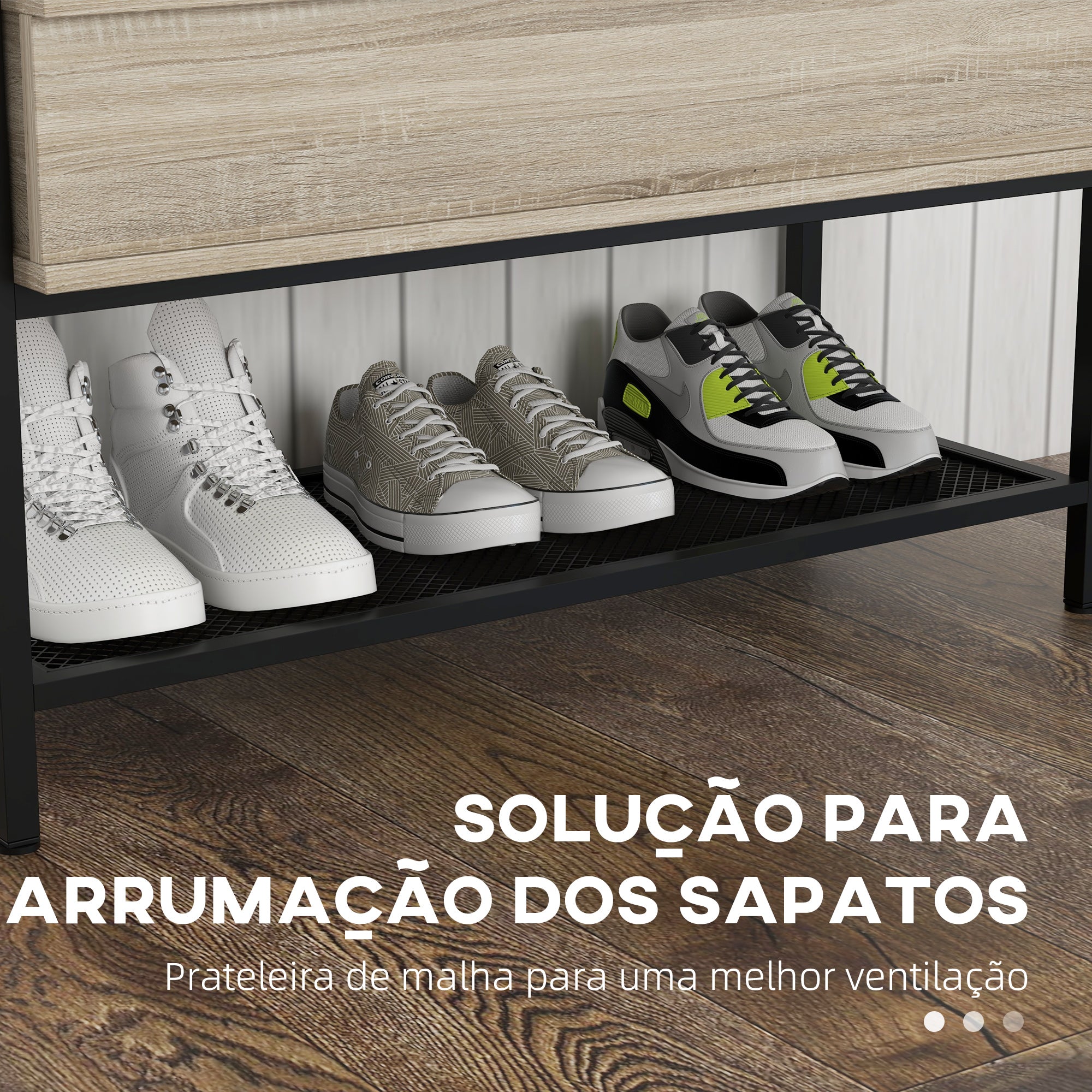 Banco Sapateira com Tampa Dobrável 84x39,5x61 cm - Preto e Madeira