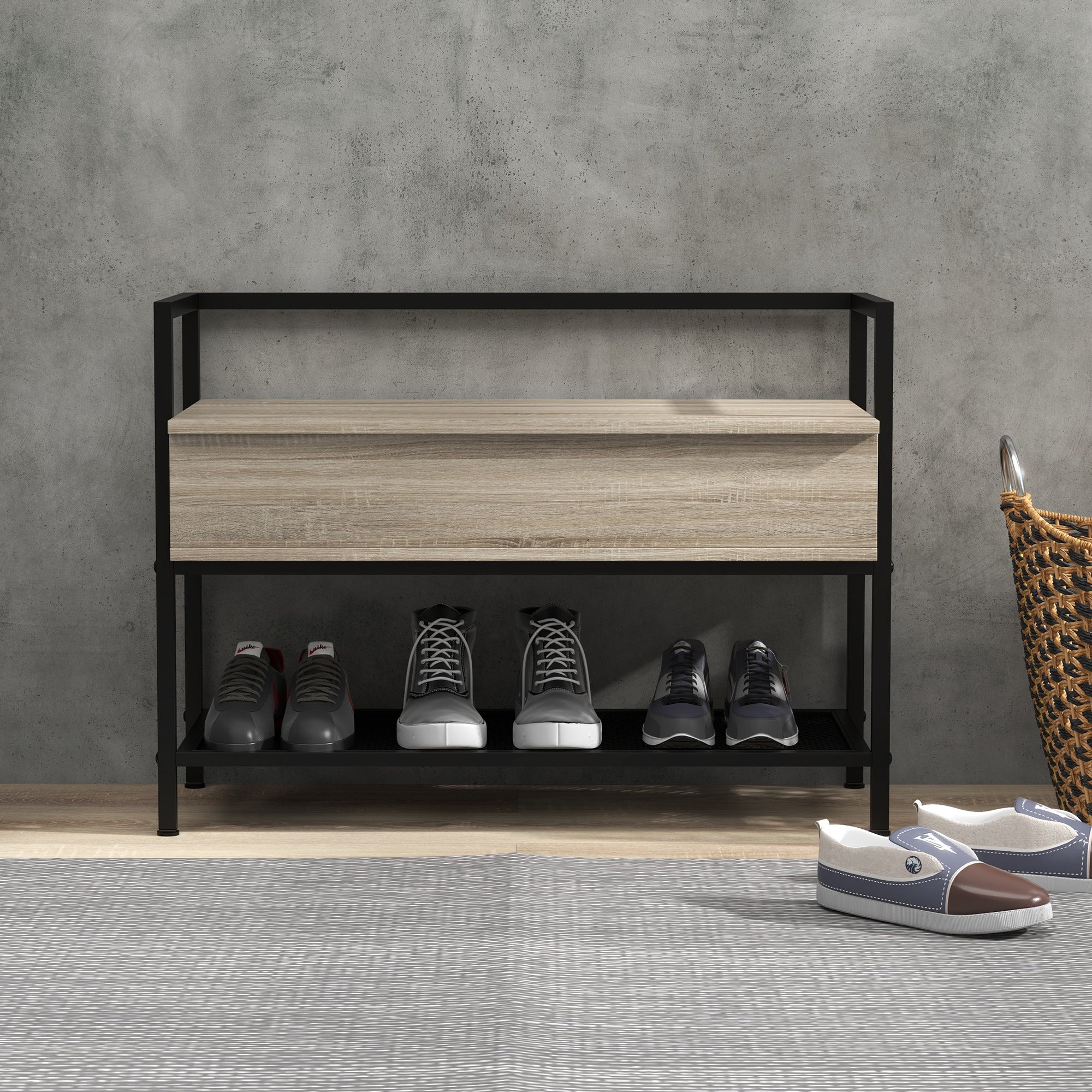 Banco Sapateira com Tampa Dobrável 84x39,5x61 cm - Preto e Madeira