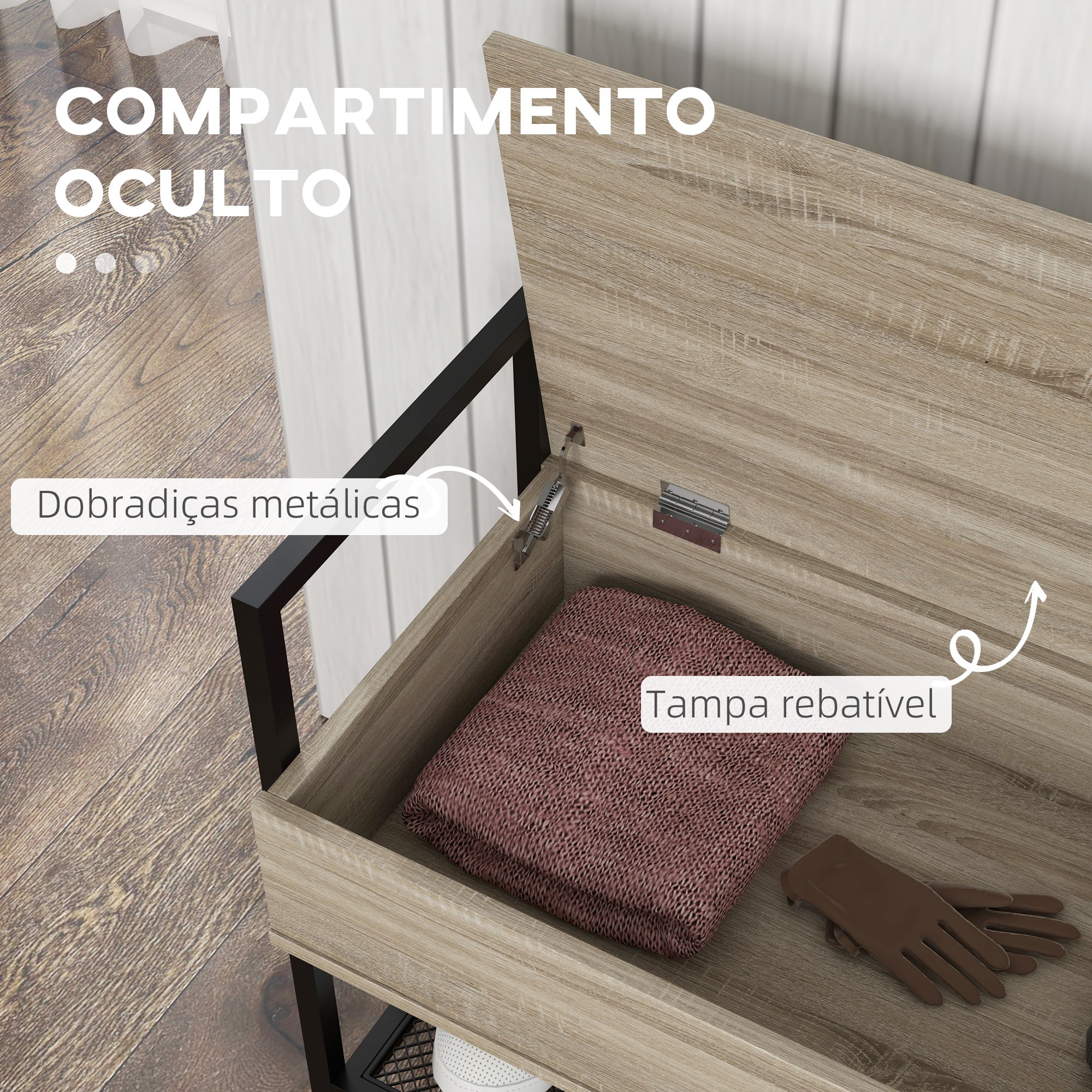 Banco Sapateira com Tampa Dobrável 84x39,5x61 cm - Preto e Madeira