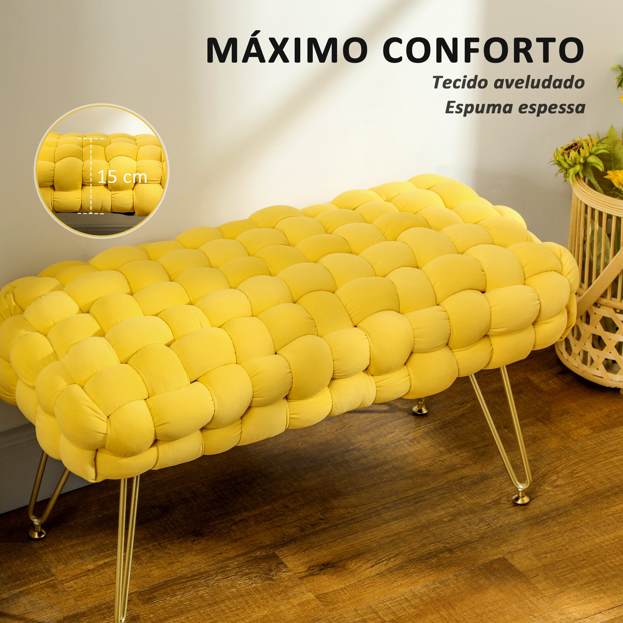 Apoio para Pés em Veludo Amarelo 76x38x41,5 cm