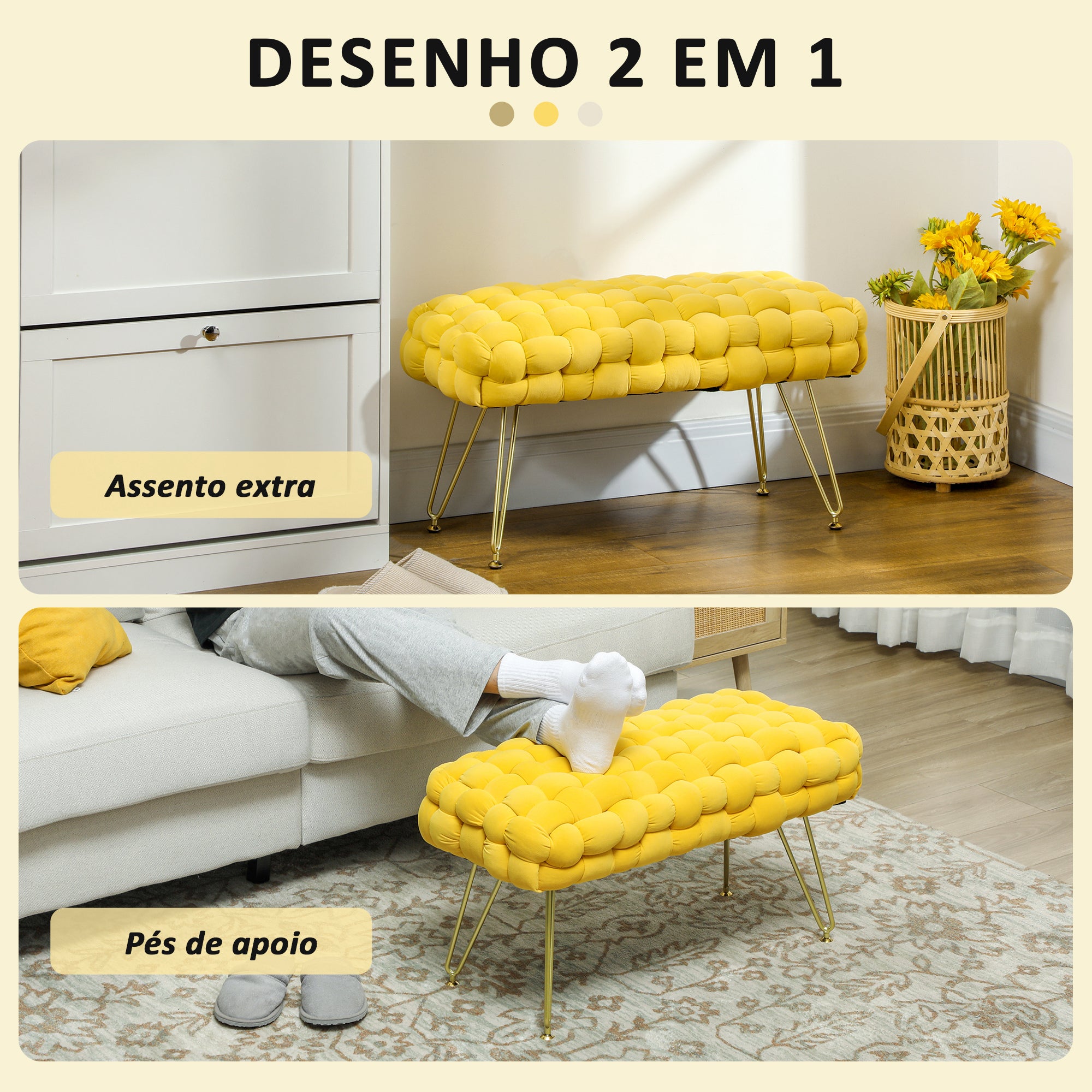 Apoio para Pés em Veludo Amarelo 76x38x41,5 cm