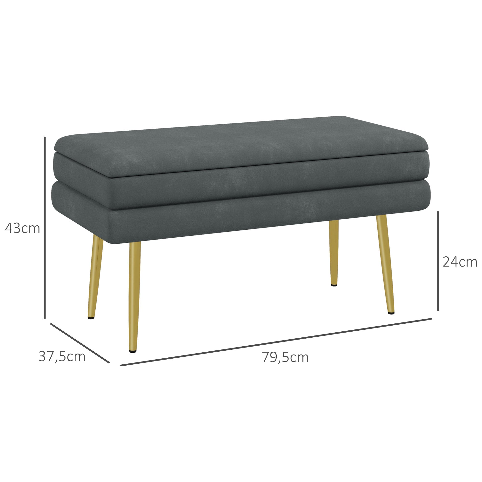 Banco Acolchoado em Veludo – 79,5x37,5x43 cm – Cinza Escuro – Tecido de poliéster