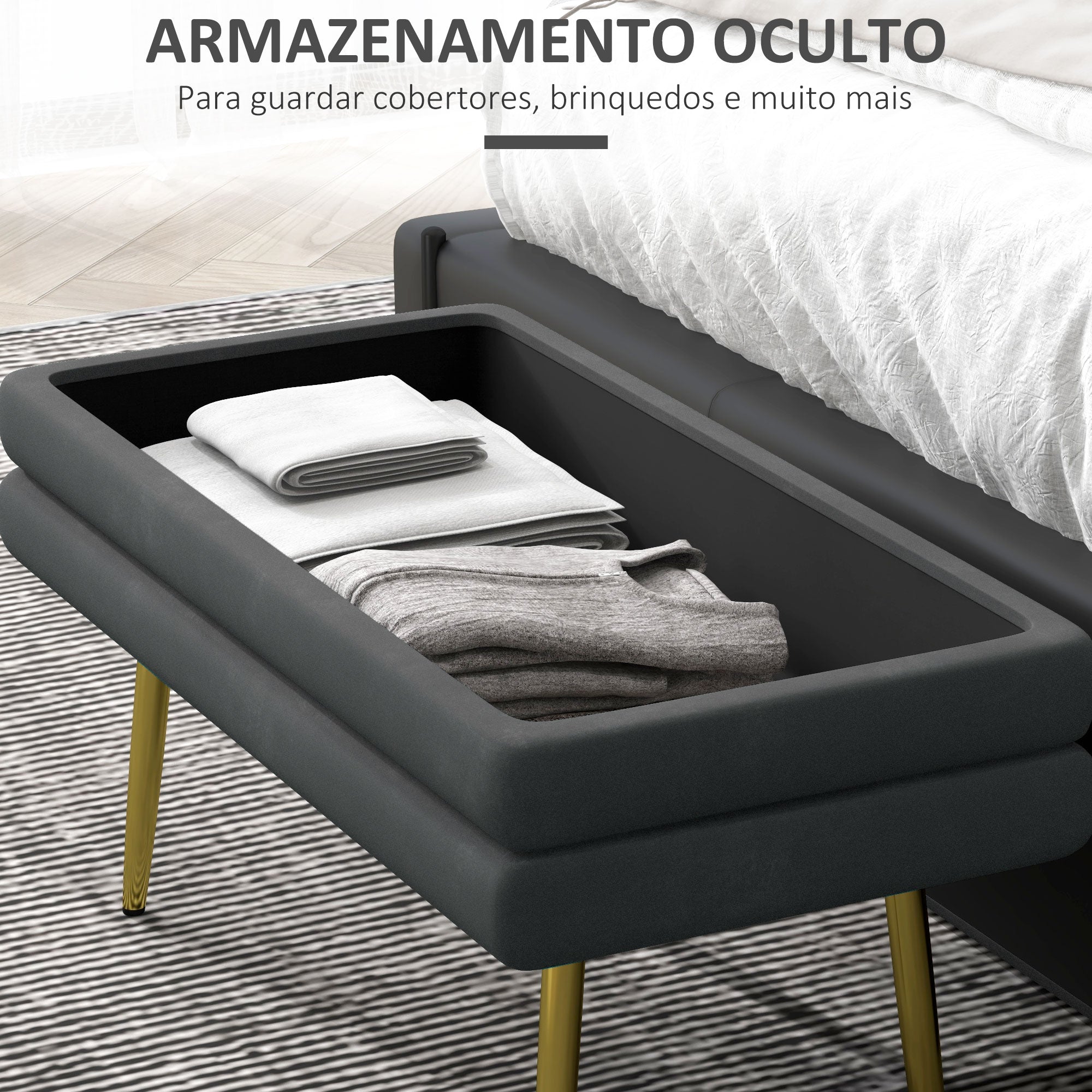 Banco Acolchoado em Veludo – 79,5x37,5x43 cm – Cinza Escuro – Tecido de poliéster