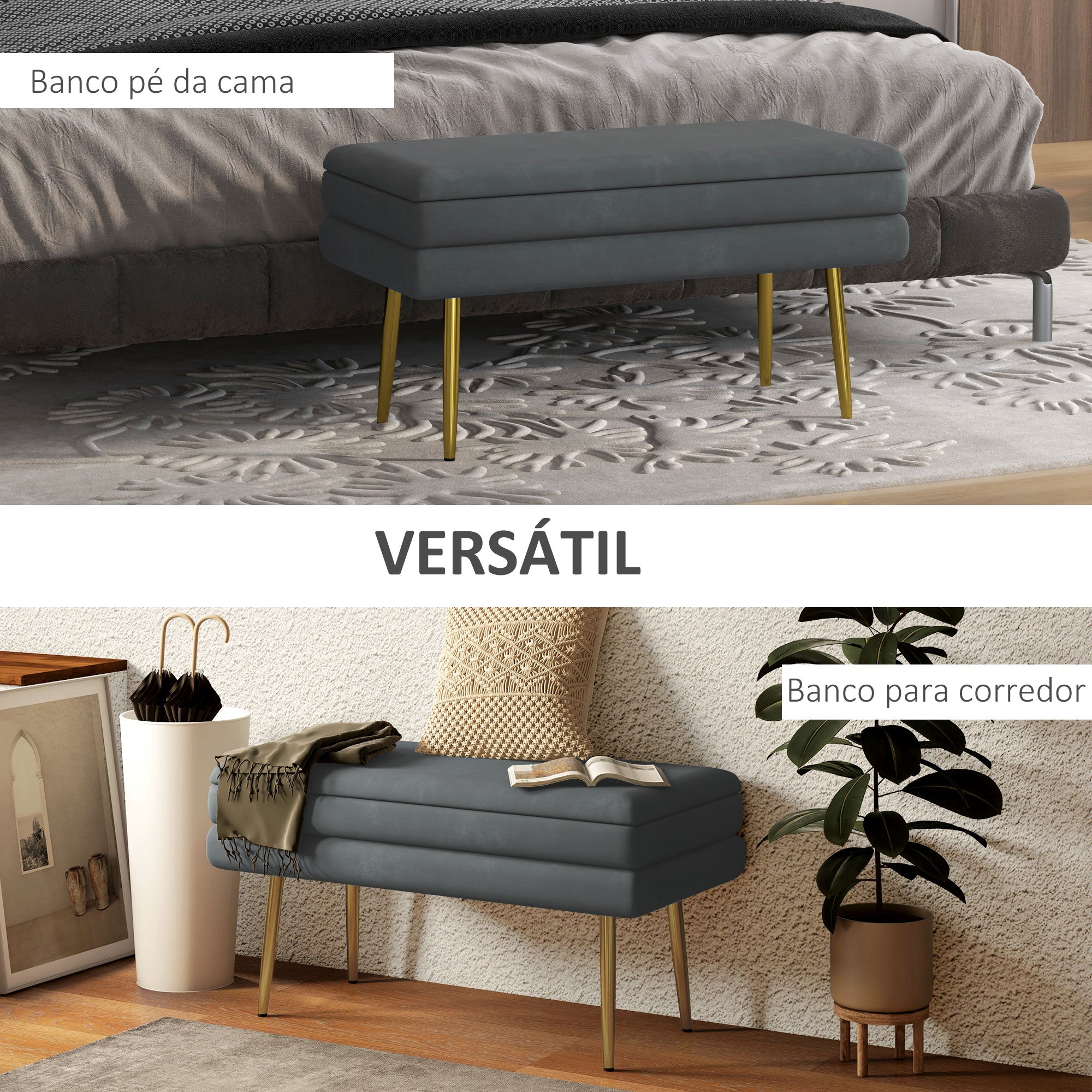 Banco Acolchoado em Veludo – 79,5x37,5x43 cm – Cinza Escuro – Tecido de poliéster